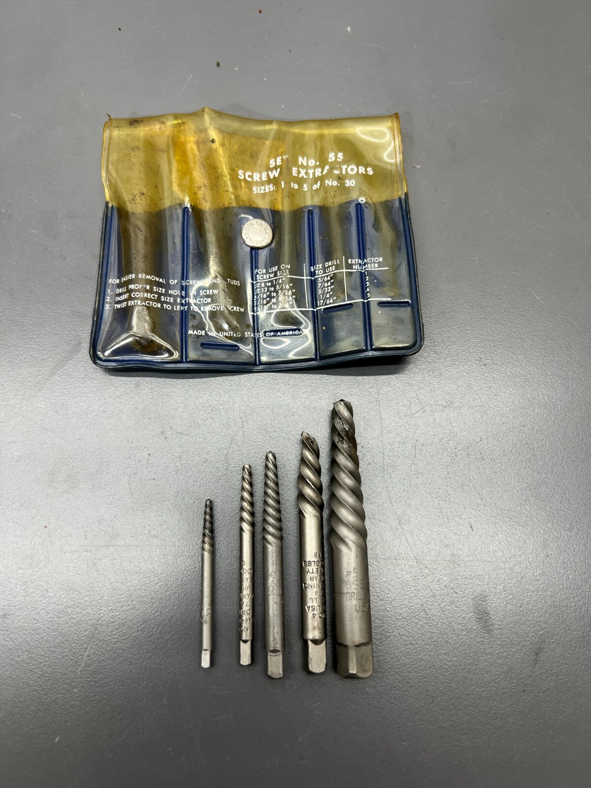 (Y) VINTAGE S. I. JACOBSON No. 55 5 PC SCREW EXTRACTOR SET W POUCH - VGC - USA