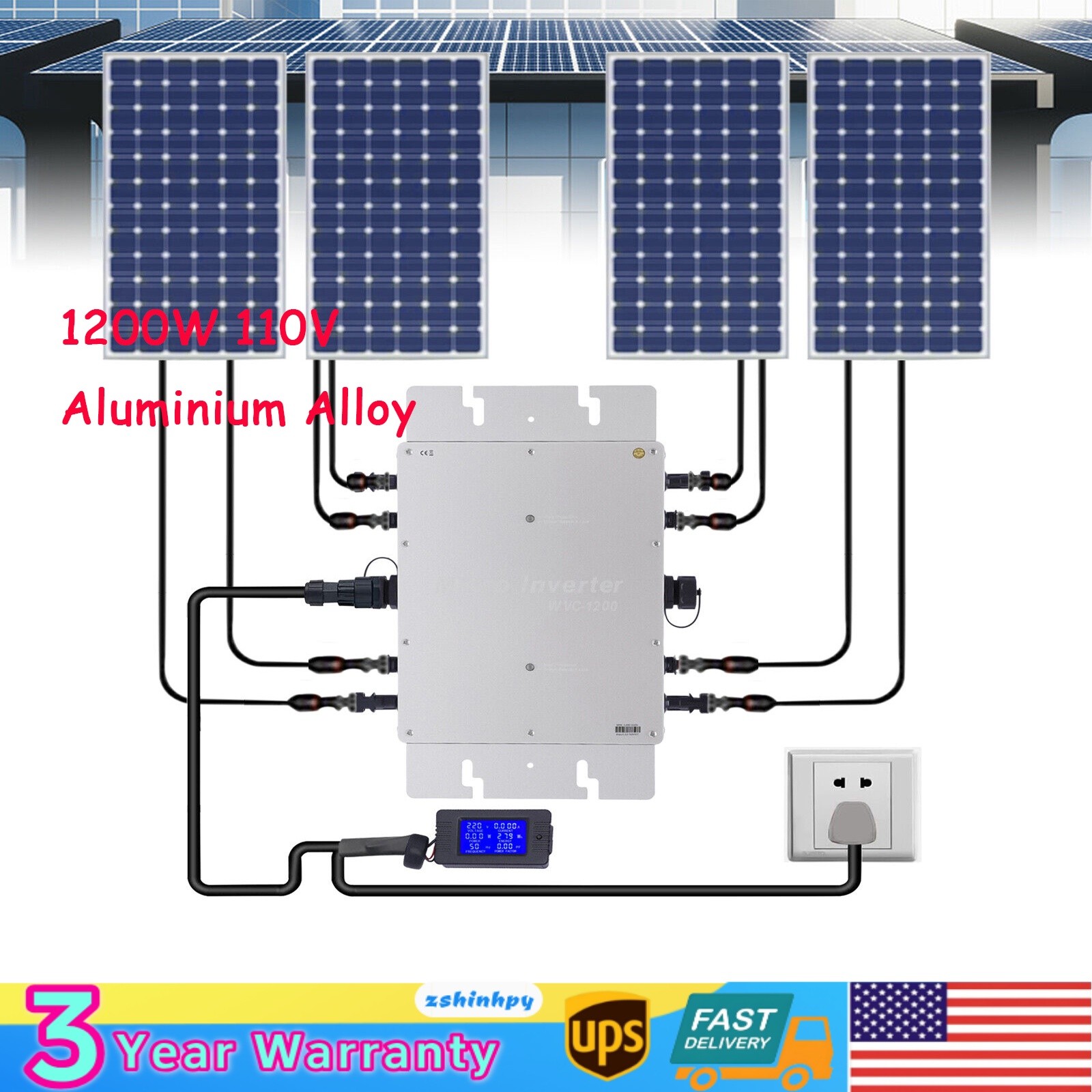 1200W Micro Solar Panel Smart Inverter Pure Sine Wave MPPT Grid Tie Inversor USA