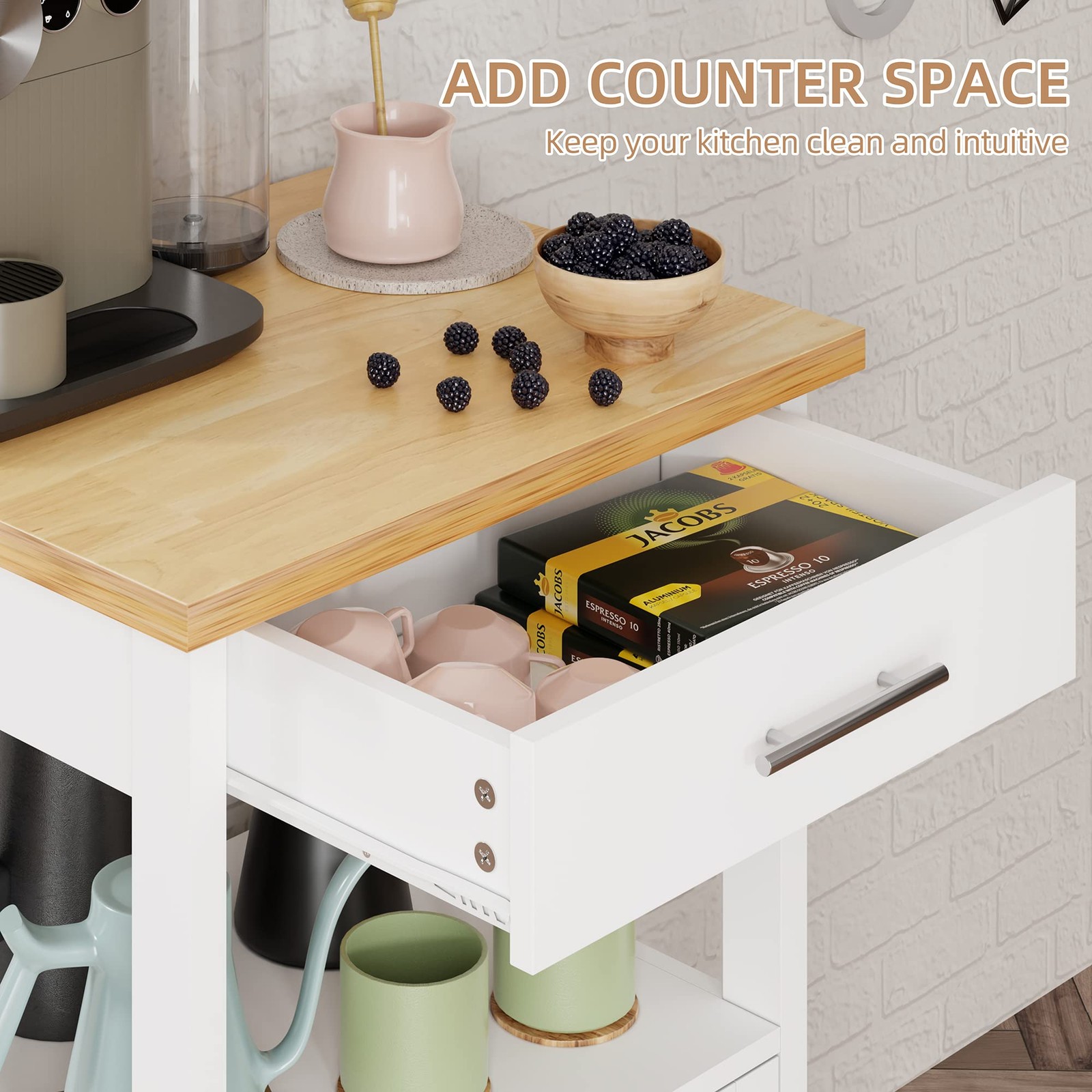 Kitchen Island Cart with Storage,Rolling Side Table on Wheels with Worktop,Si...