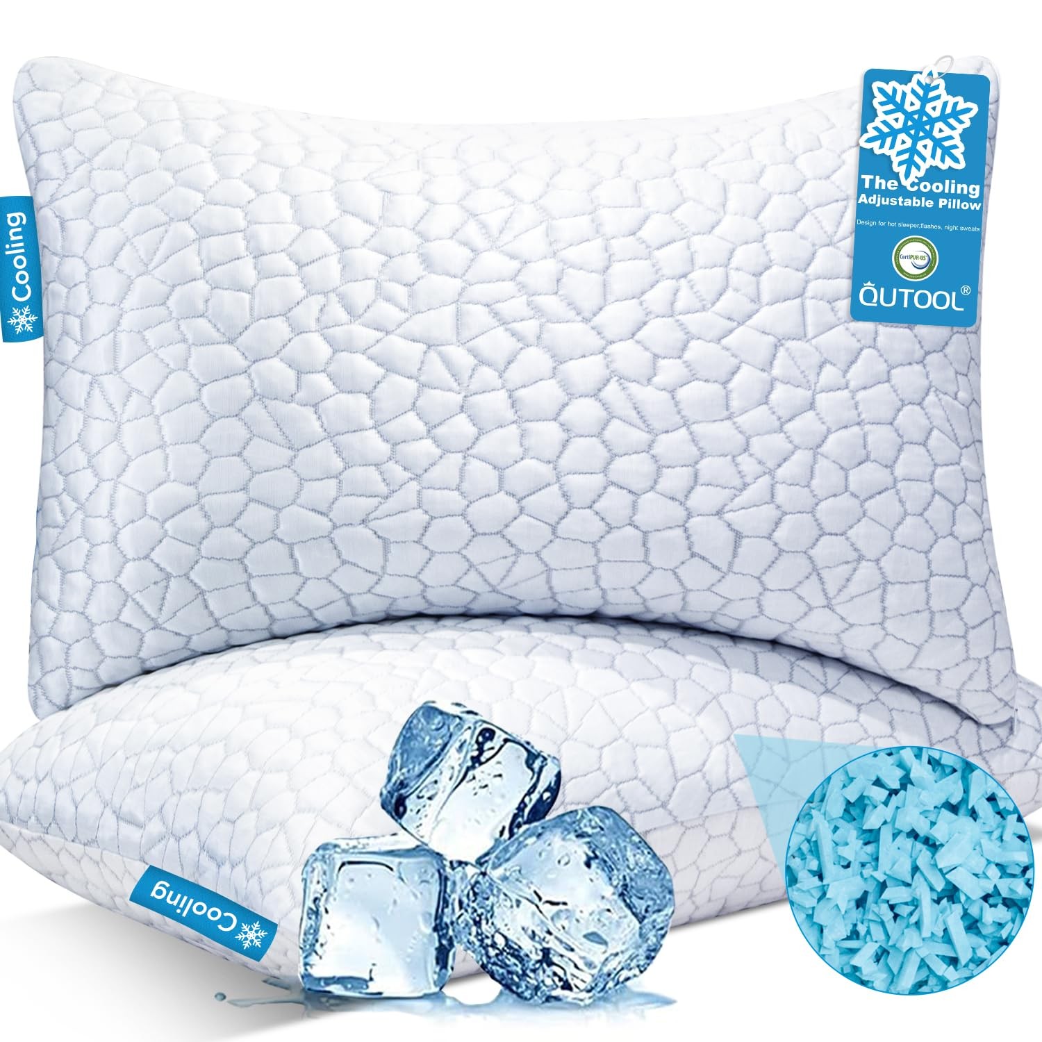 Cooling Memory Foam Pillows, Adjustable Firm, Queen Size Set of 2, White