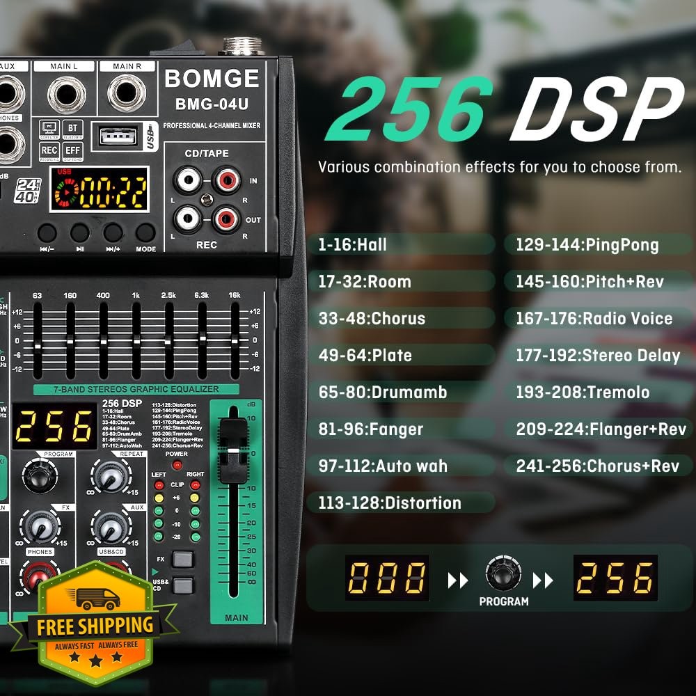 BOMGE 4 Channel DJ Mixer Bluetooth MP3 USB 256DSP Phantom Power