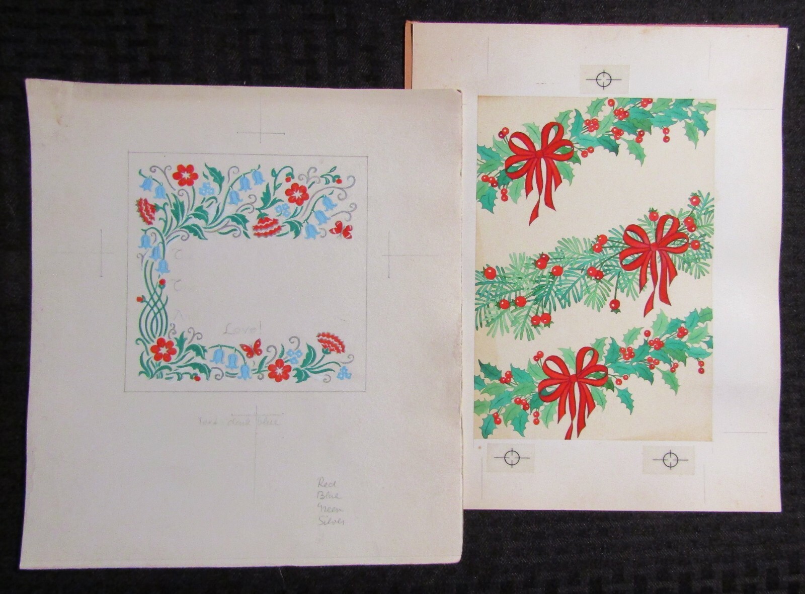 CHRISTMAS Boughs of Holly Ribbon & Butterflies 8x10.5 Greeting Card Art LOT of 2