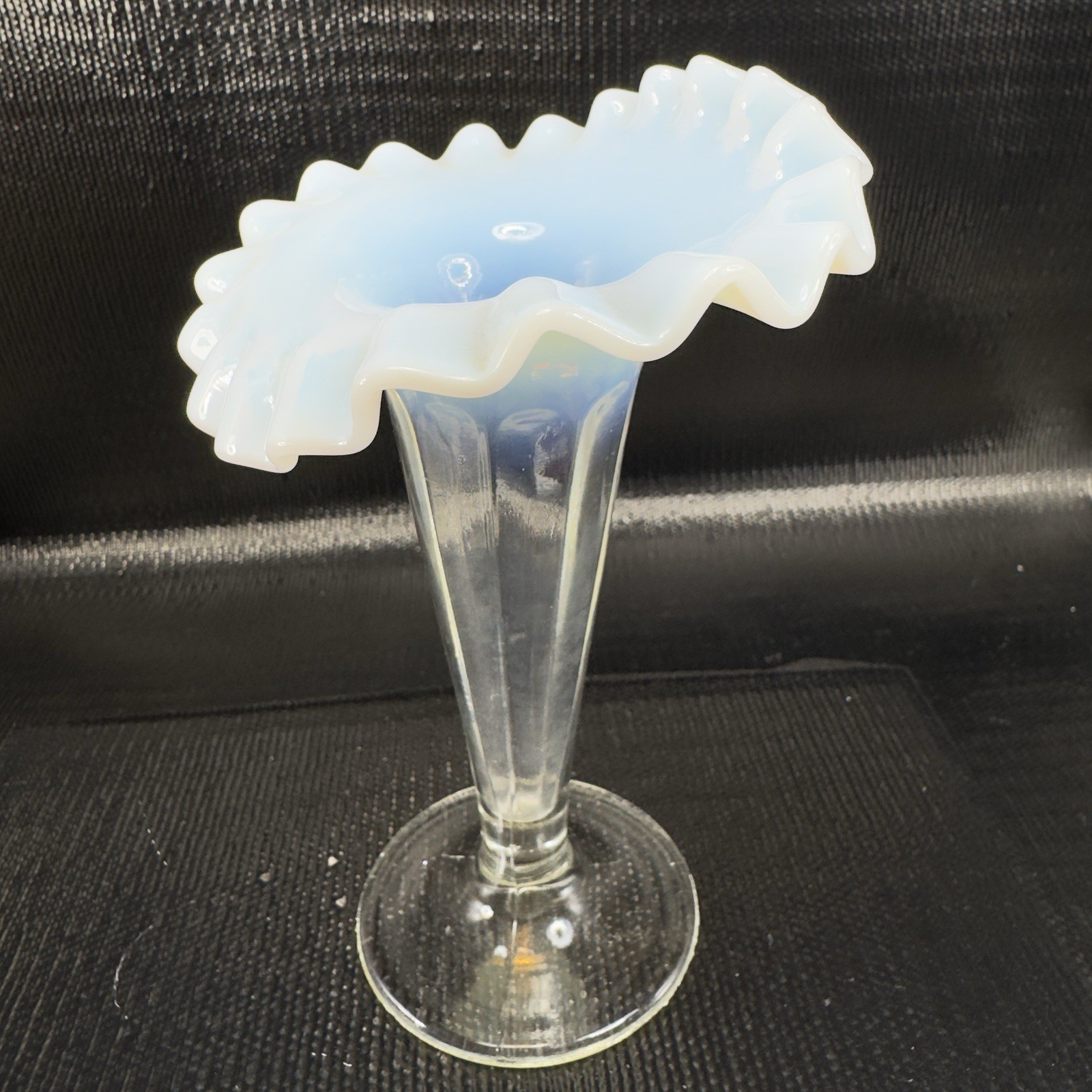 Antique Opalescent Glass Vase Vessel Clear White Ruffled Edges Glass Vase VTG