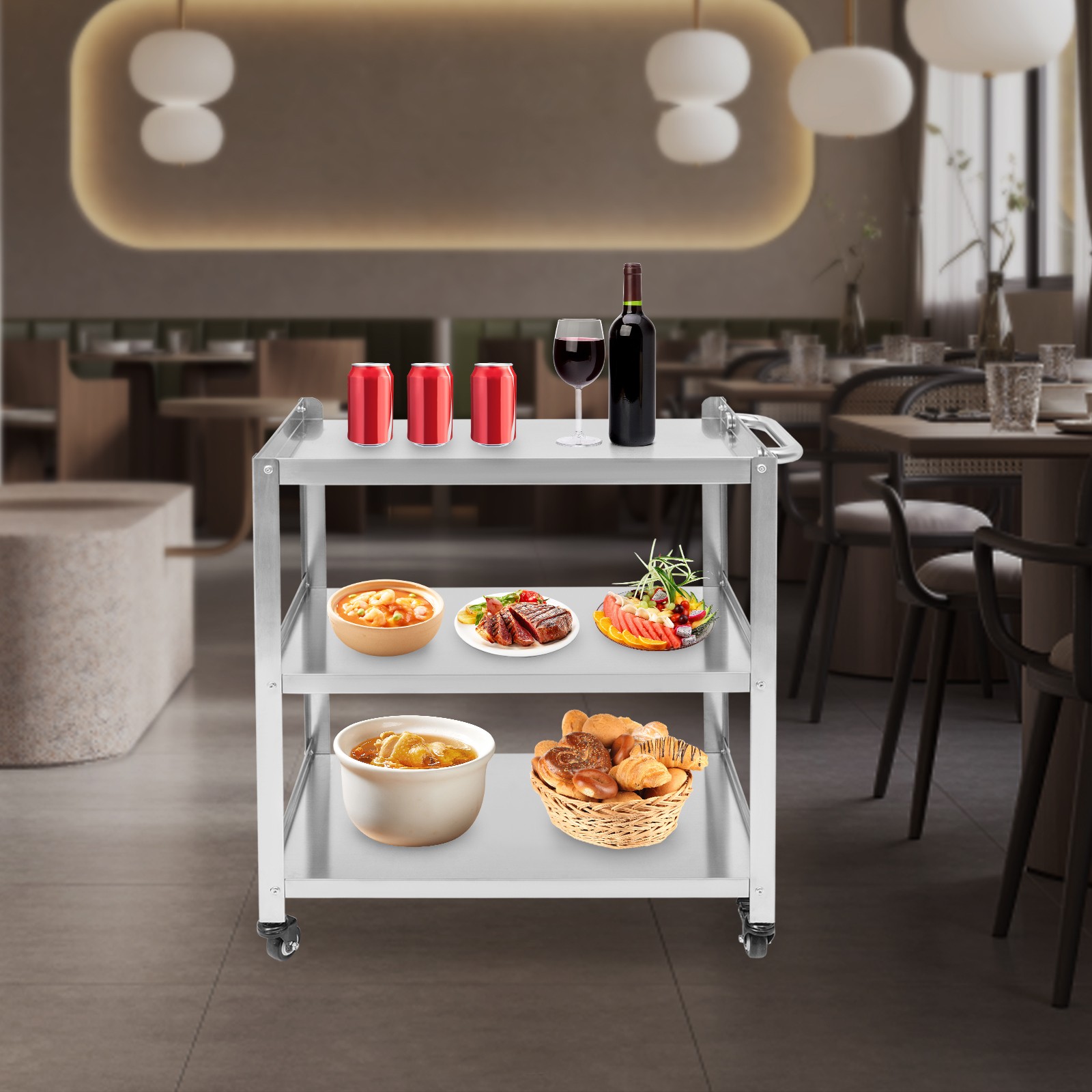 3 Tier Stainless Steel Kitchen Trolley Cart Utility Serving Storage Rolling Cart