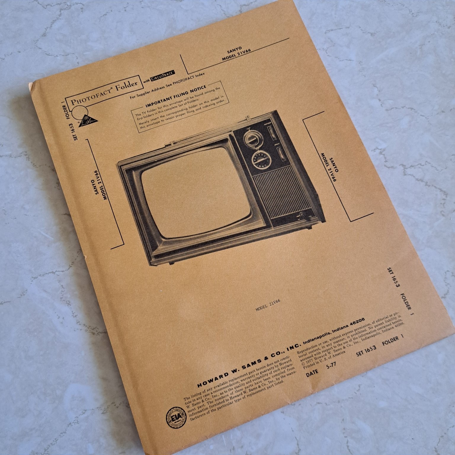 SANYO Manual 21V66 TV 1977 Photofact Folder Illustrated Schematics
