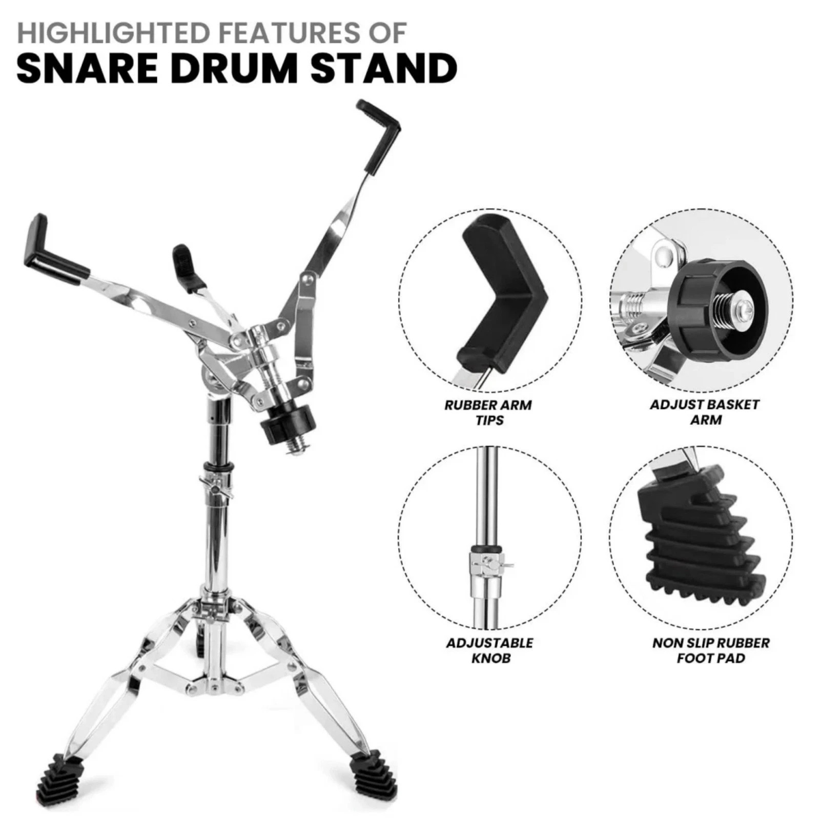 Snare Drum Stand w Sticks Holder Double Braced Tripod Stand Adjustable 22"