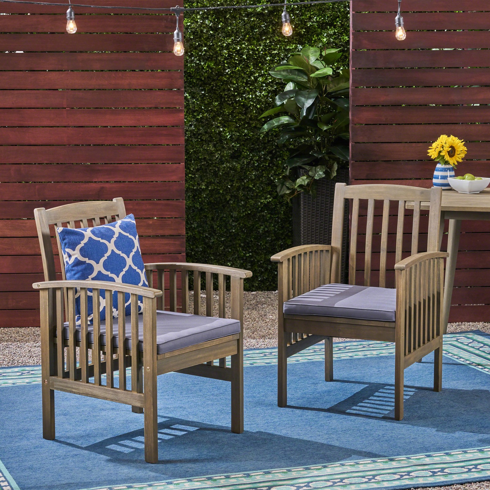 Acacia Wood Dining Chair with Cushions, 2 Pcs, Dark Grey