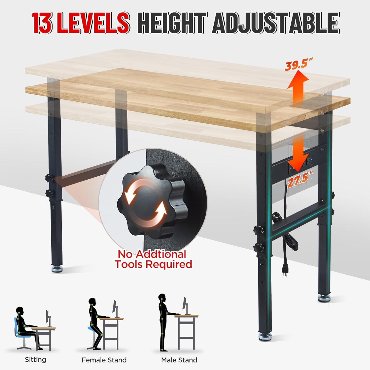 48" Adjustable Work Bench Garage Workbench with Power Outlets, 2200 Lbs Capacity