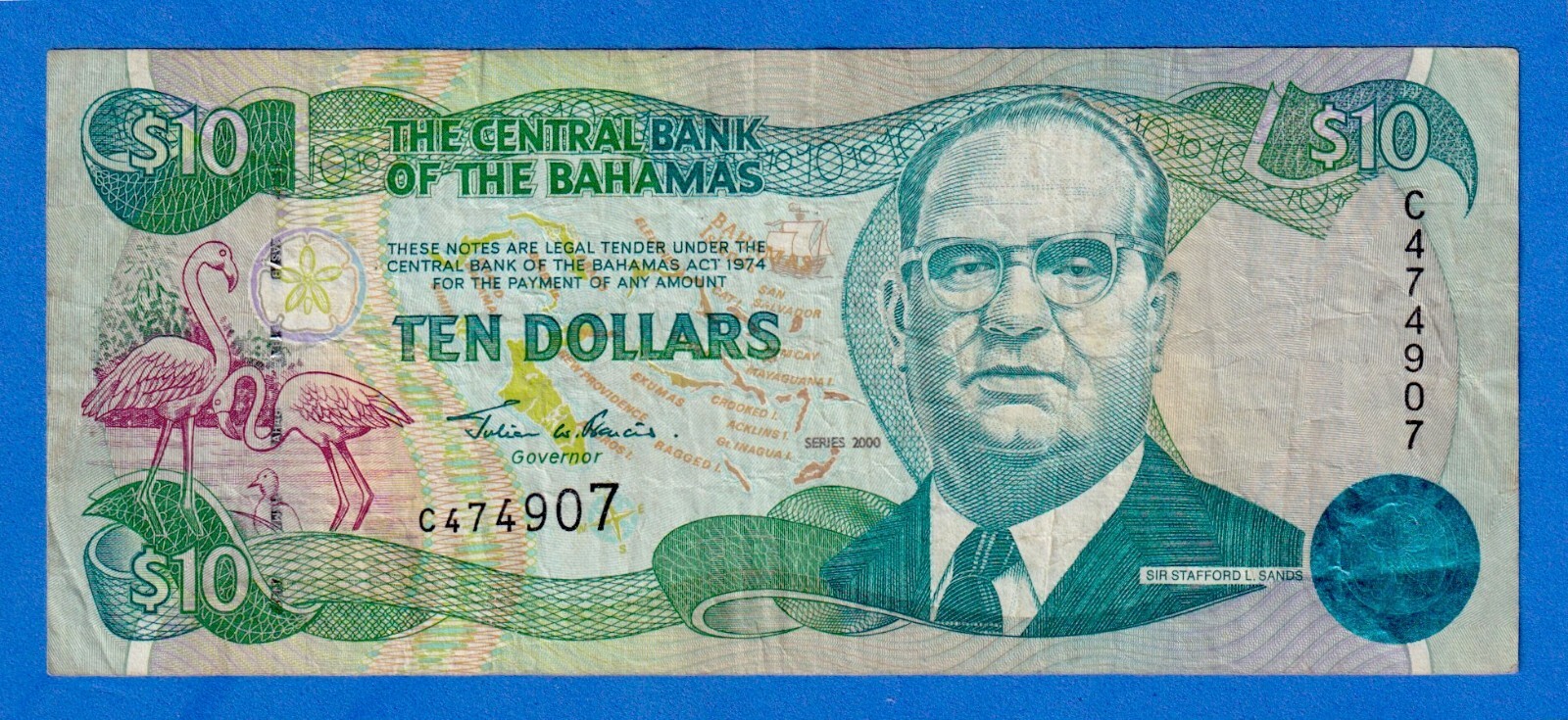Bahamas $10 2000 P-64 Circulated Banknote C474907 Sir Stafford /Abaco Island