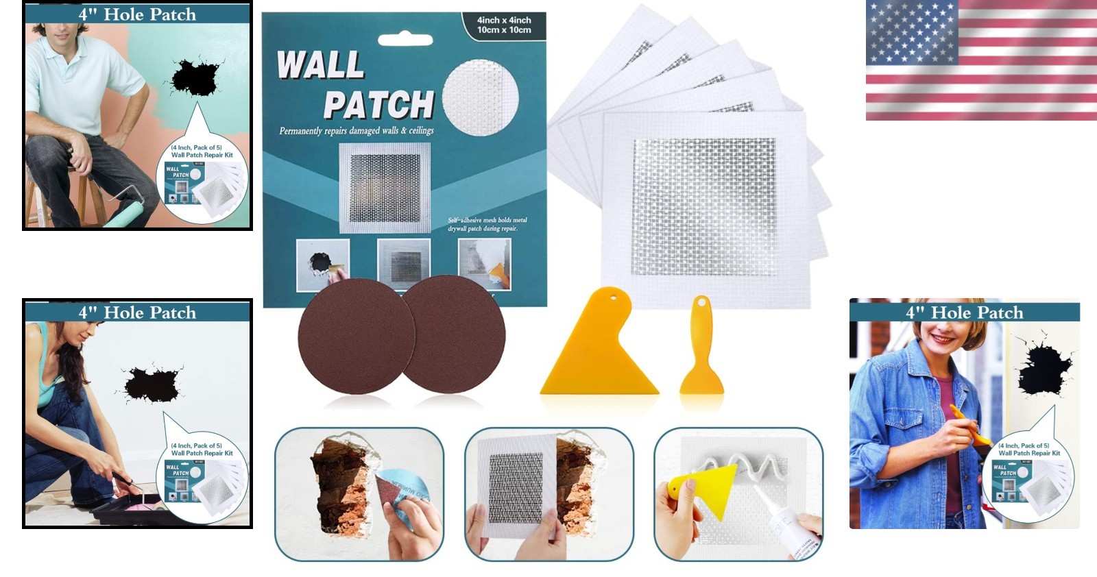 4''''x4'''' Self-Adhesive Drywall Repair Patch Kit - Durable Aluminum Solution