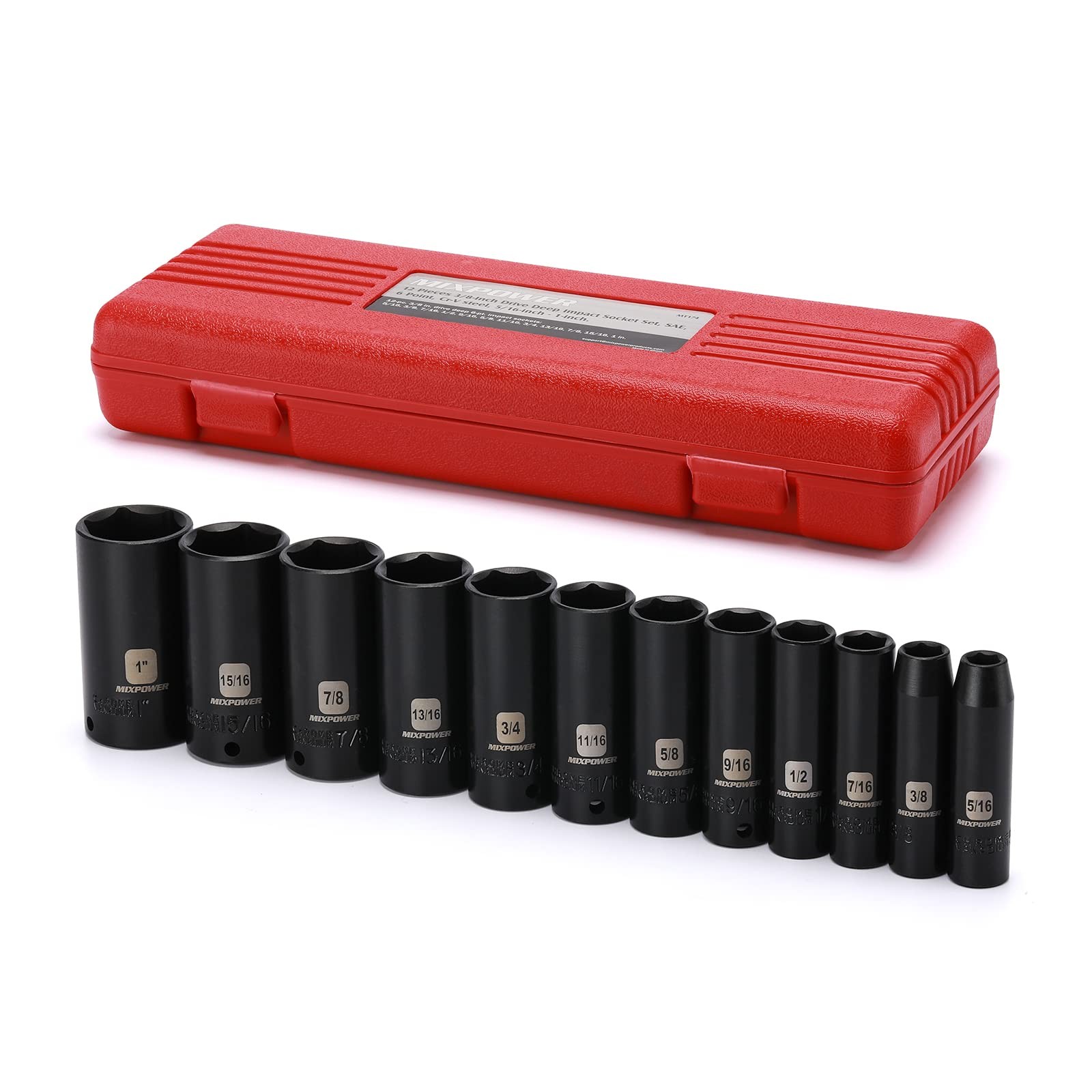 MIXPOWER 12 Pieces 3/8-Inch Drive Deep Impact Socket Set, 5/16" - 1" (Deep)