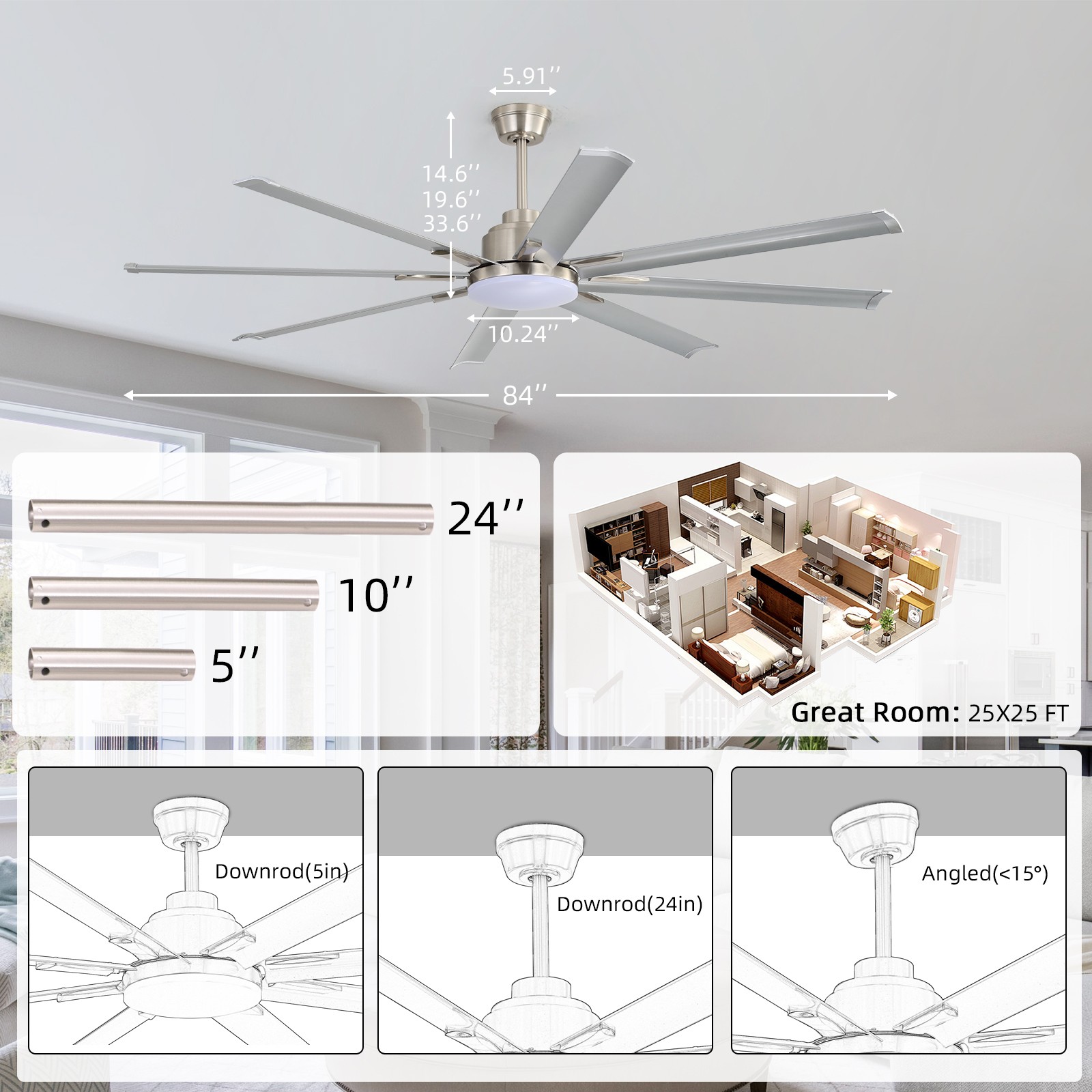 84'' Industrial Smart Ceiling Fan w/ Light and Remote Work with APP Alexa Google