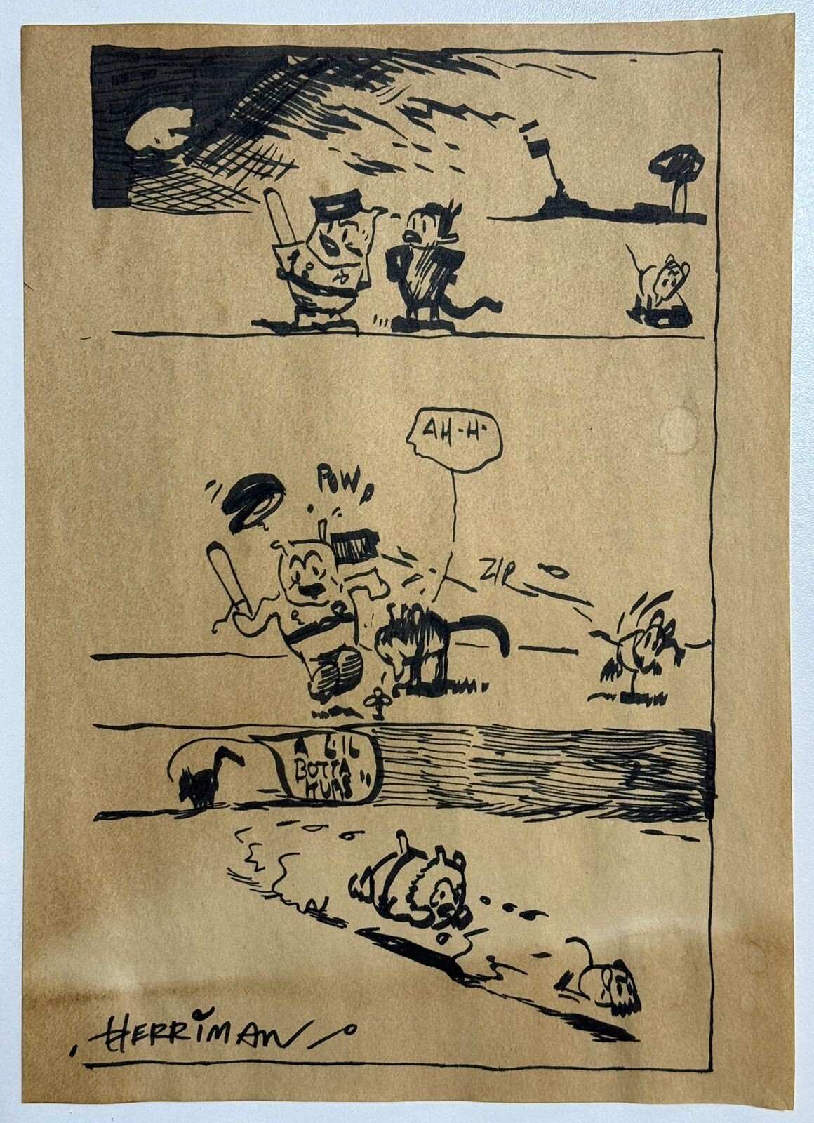 George Herriman (Handmade) Drawing On Old Paper Signed & Stamped, Vtg art