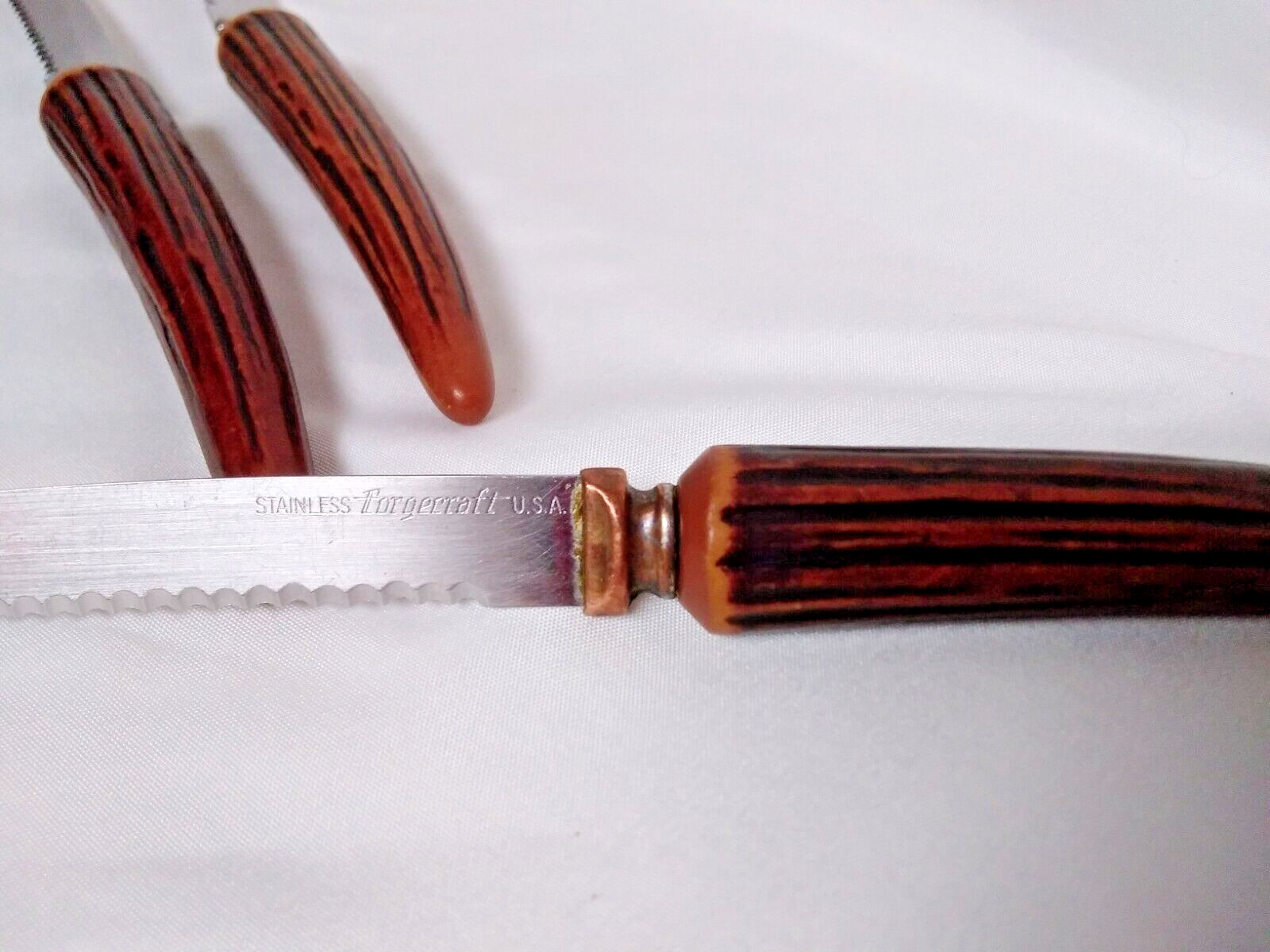 Vintage Bakelite Steak Knives Stainless Steel Antler Handle Forgecraft Set Of 6