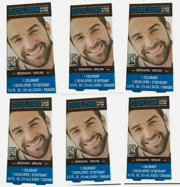 Color For Him Men's 5-Minute Brush-In Brown Facial Hair Color Gel (6 Pack)