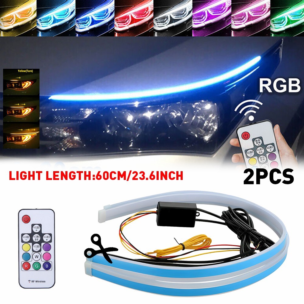 2x 60CM RGB Slim Sequential Flexible LED DRL Turn Signal Strip Remote Headlight