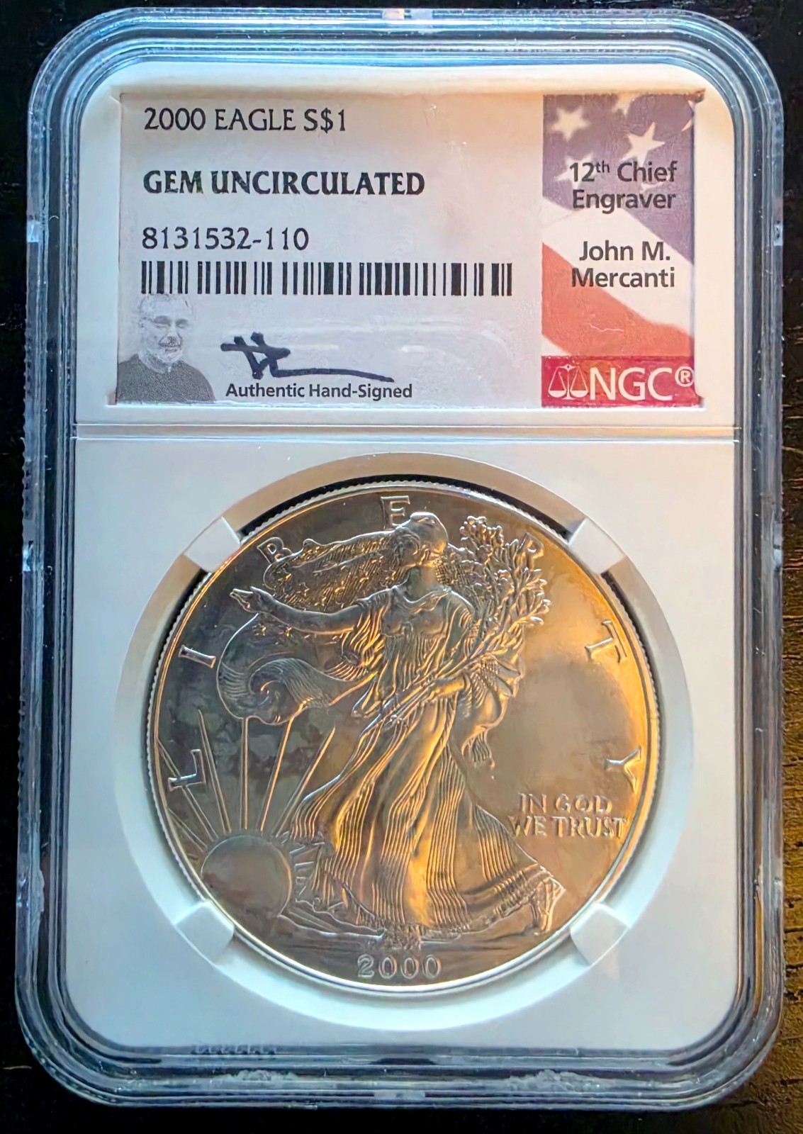 2000 $1 SILVER EAGLE NGC GEM UNCIRCULATED JOHN MERCANTI SIGNED FLAG LABEL
