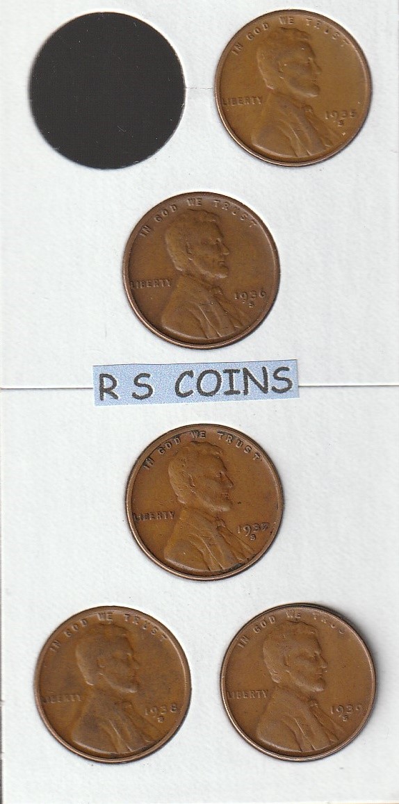 LINCOLN  PENNIES    1935S  1936S  1937S  1938S  1939S    LINCOLN  PENNIES