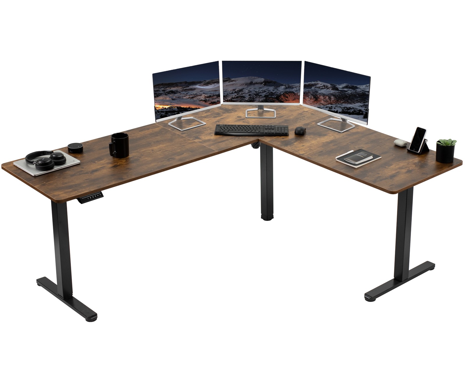 VIVO Rustic Vintage Brown / Black Electric 75" x 63" Corner Desk Workstation