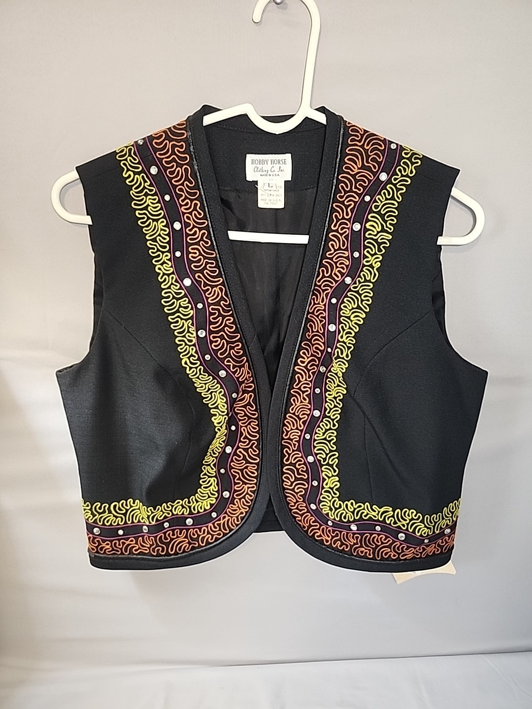 New Vtg HOBBY HORSE VEST SUNNYBROOKE Black EMBROIDERED Trim Sz L