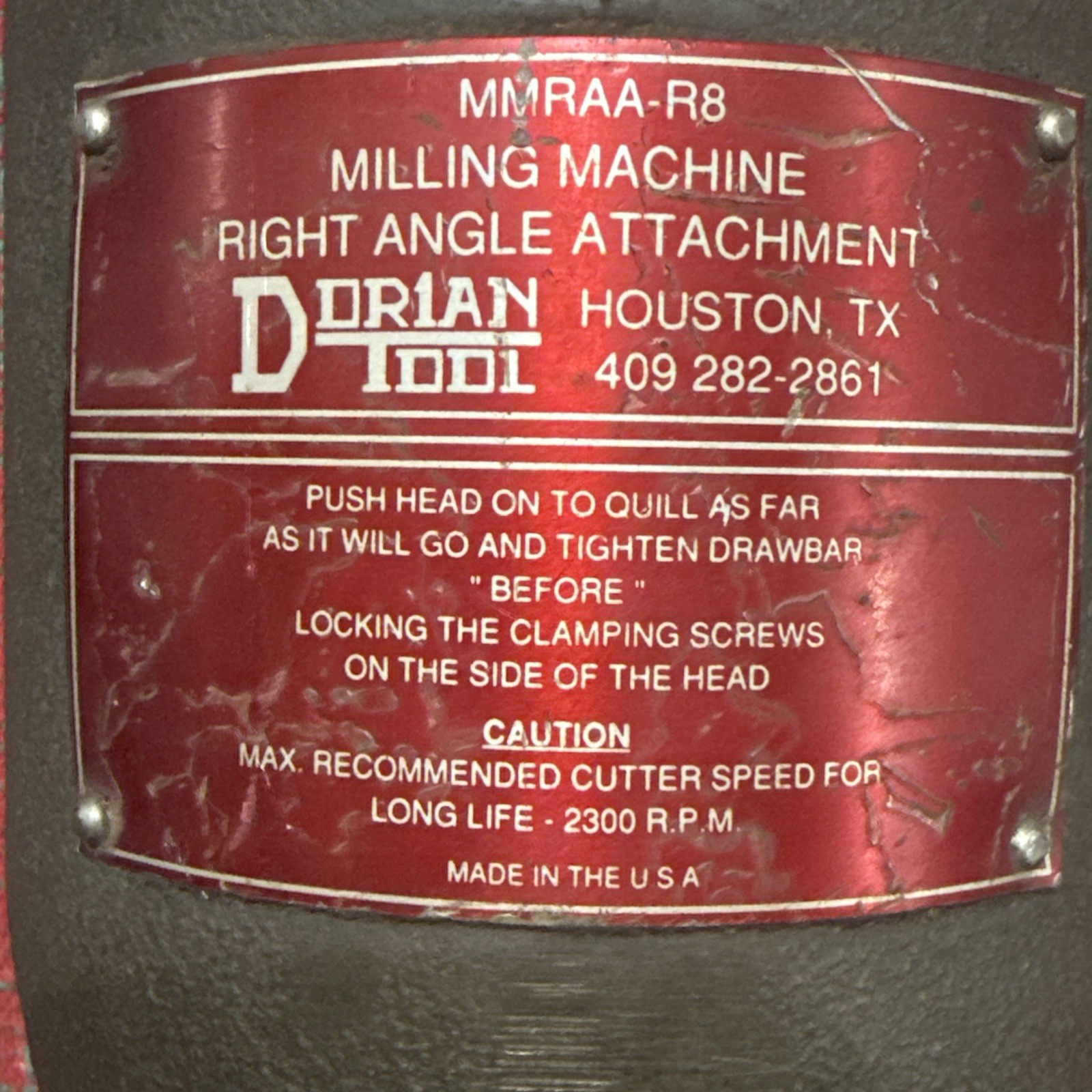 Dorian Tool MMRAA Right-Angle Milling Machine Head Attachment 1-1/4” Arbor