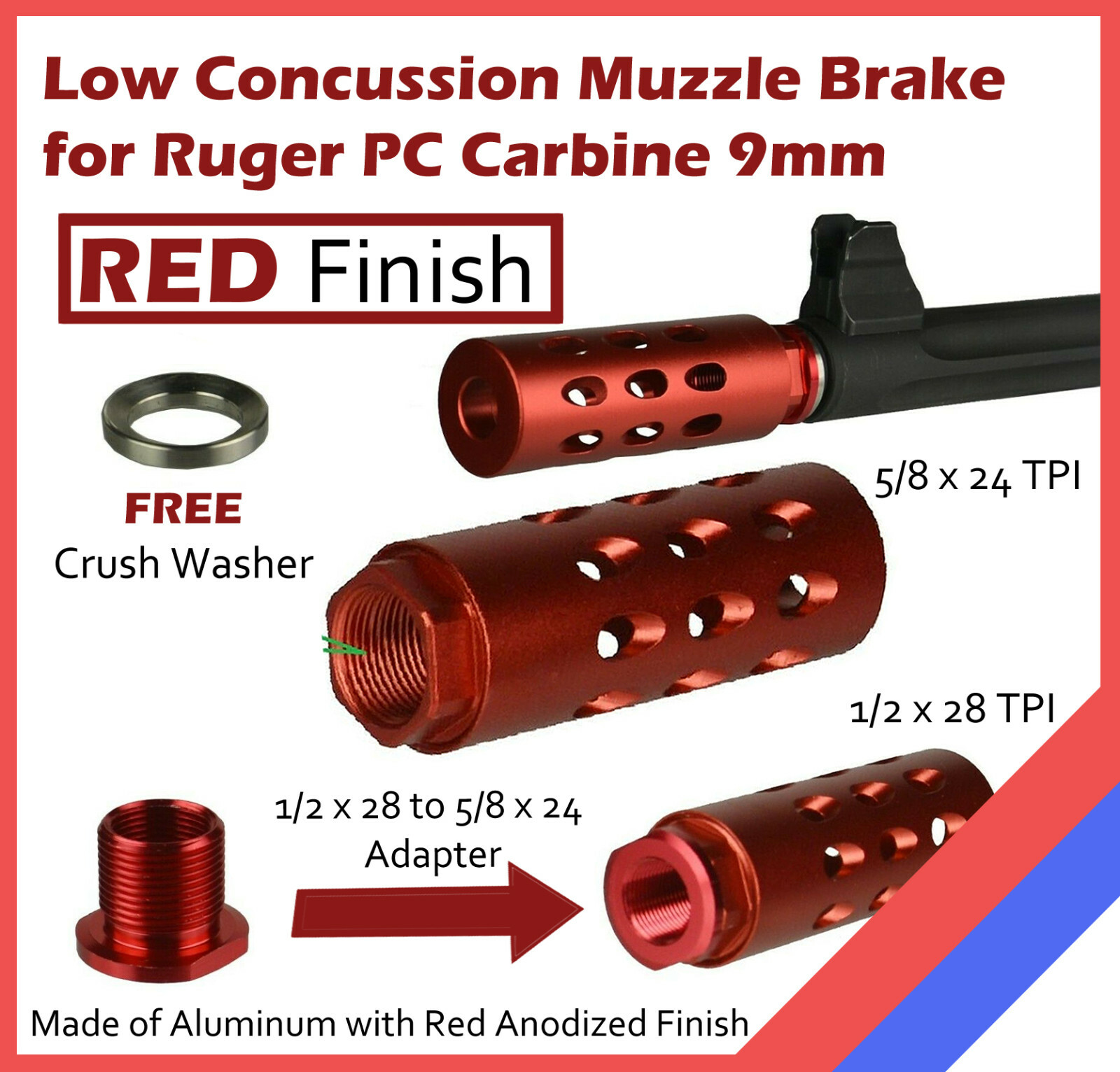 Ruger PC Carbine 9 mm Muzzle Brake Low Concussion + Thread Adapter and crush