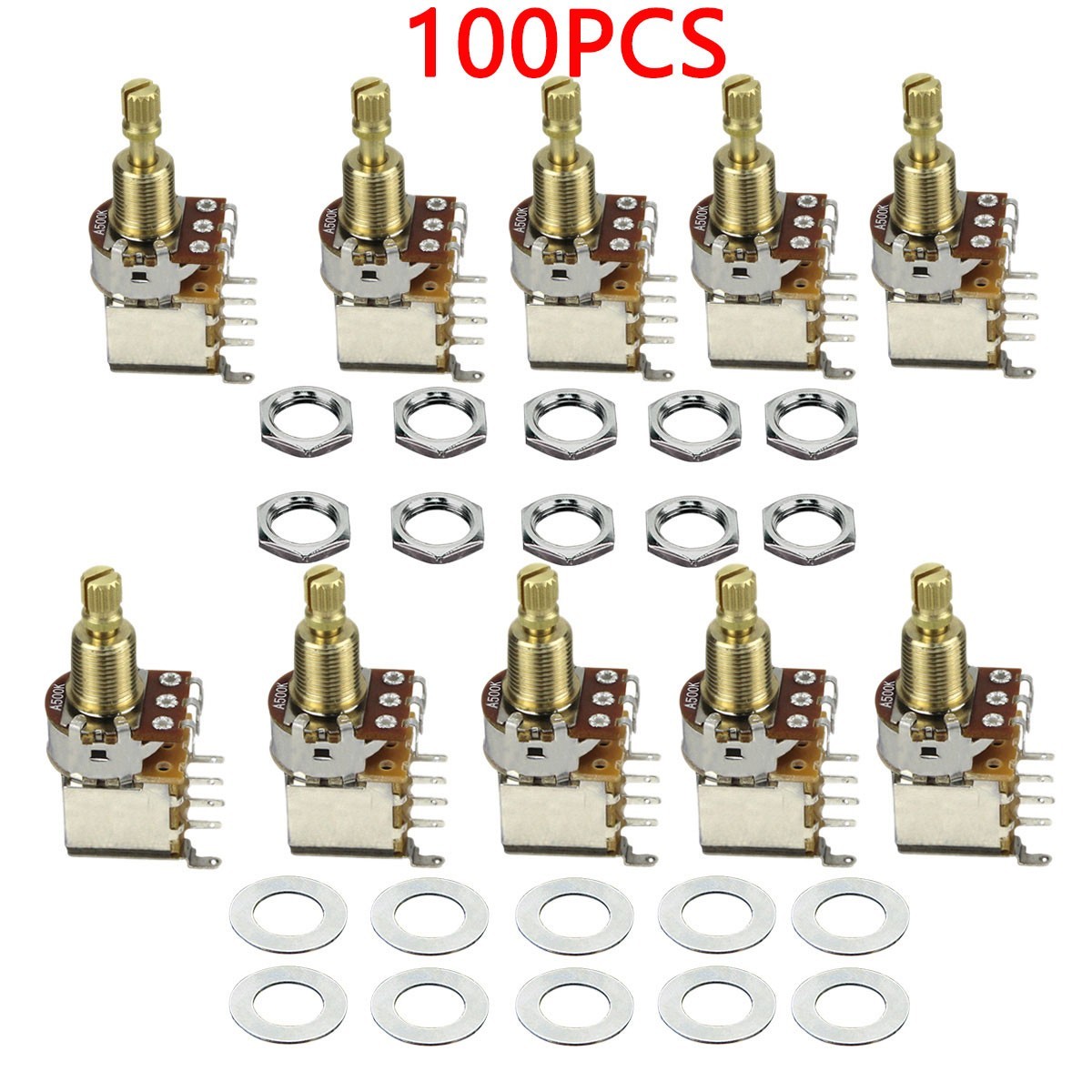 100pcs A500K Guitar Bass Push Push Potentiometer Brass Long Split Shaft Pots
