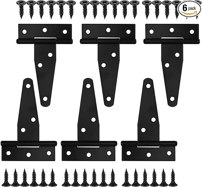 6 Pack 3 Inch T Strap Hinges, Shed Door Gate Hinges, Heavy Duty Black Outdoor Te