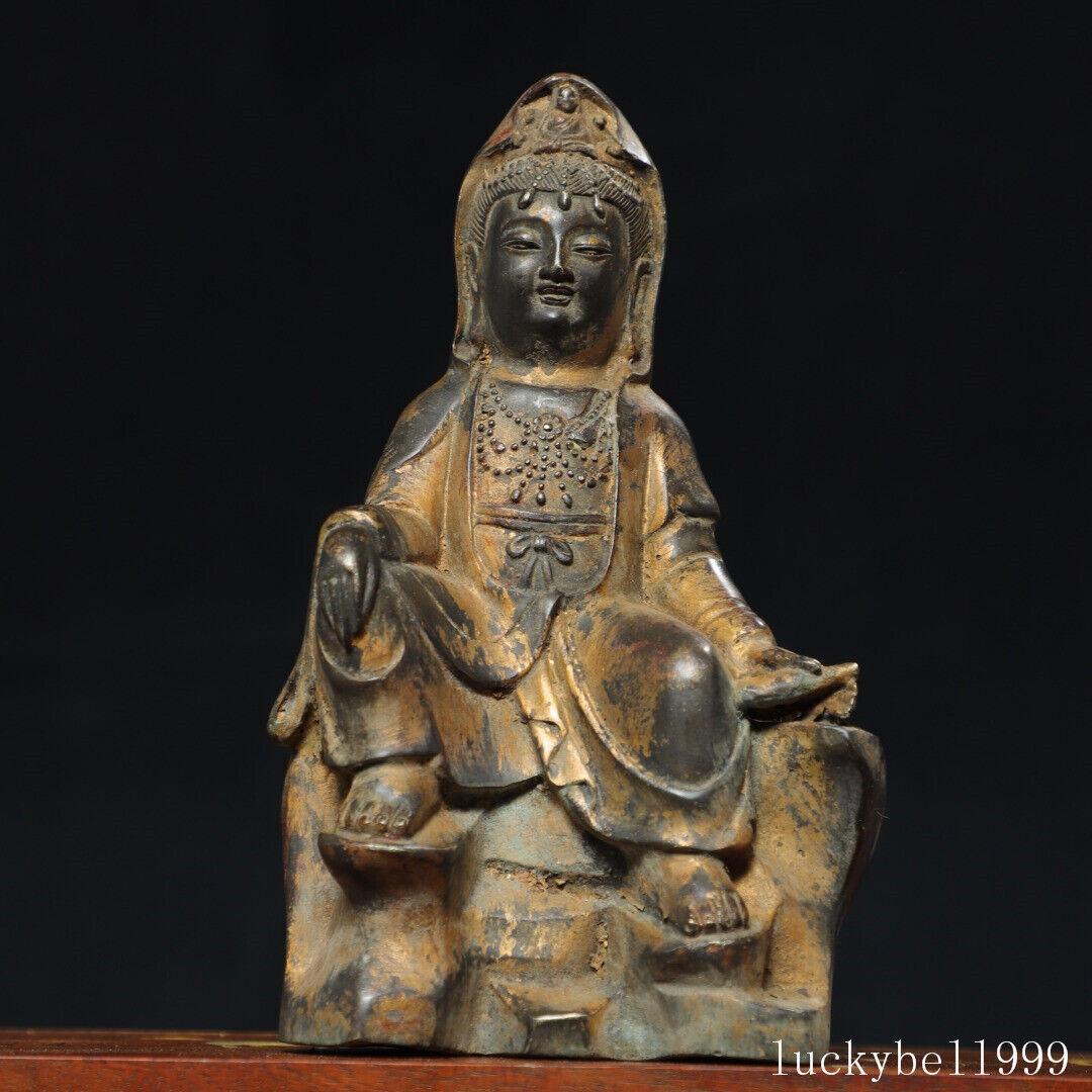 8.7" Old Antique Tibetan Buddhism Temple Bronze gilt Guanyin Bodhisattva statue