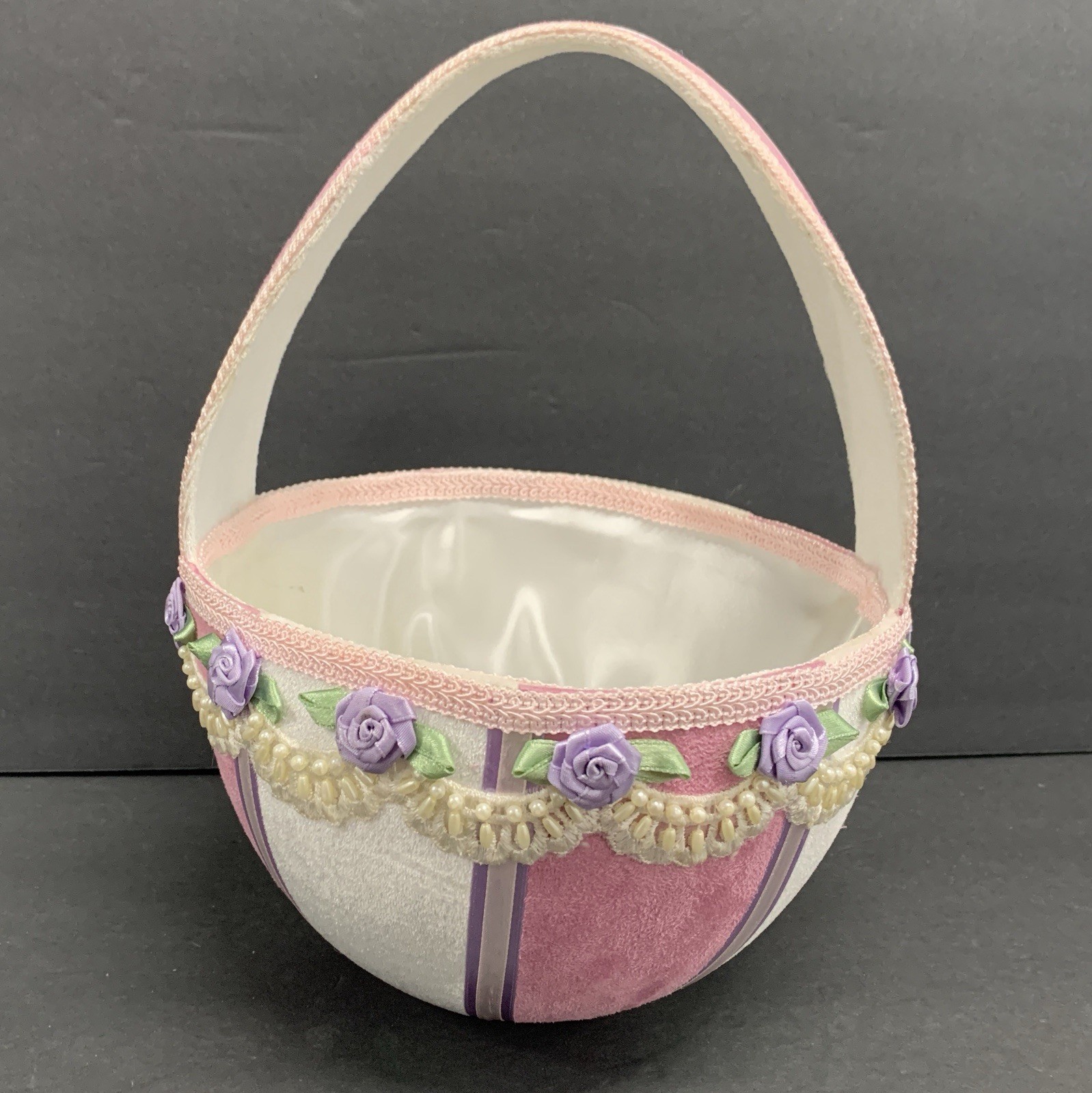 Easter Basket Flower Girl Wedding Pink Purple Satin Ribbon Beads Velvet Beading