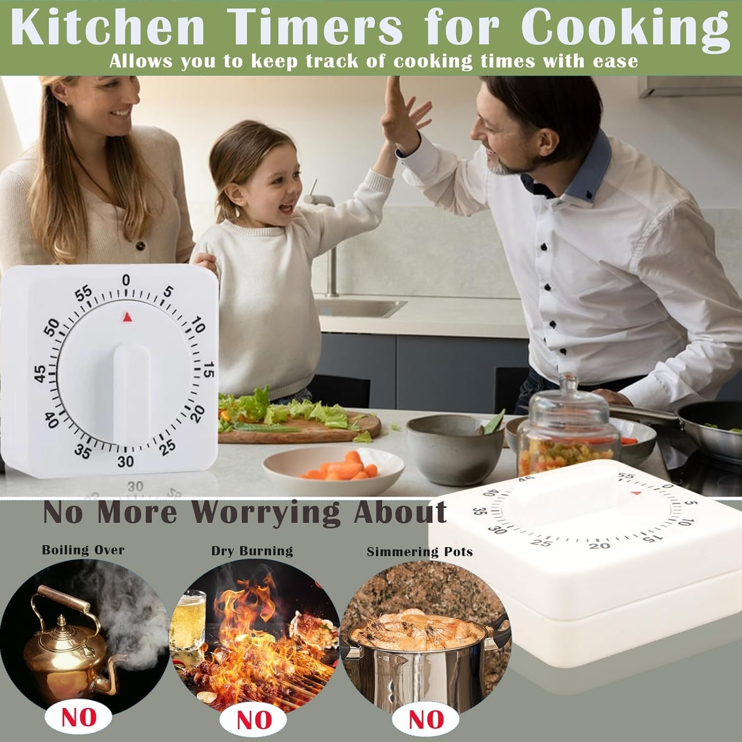 1/2 PACK Square 60 Minute Mechanical Kitchen Timer, Visual Kitchen Cooking Timer