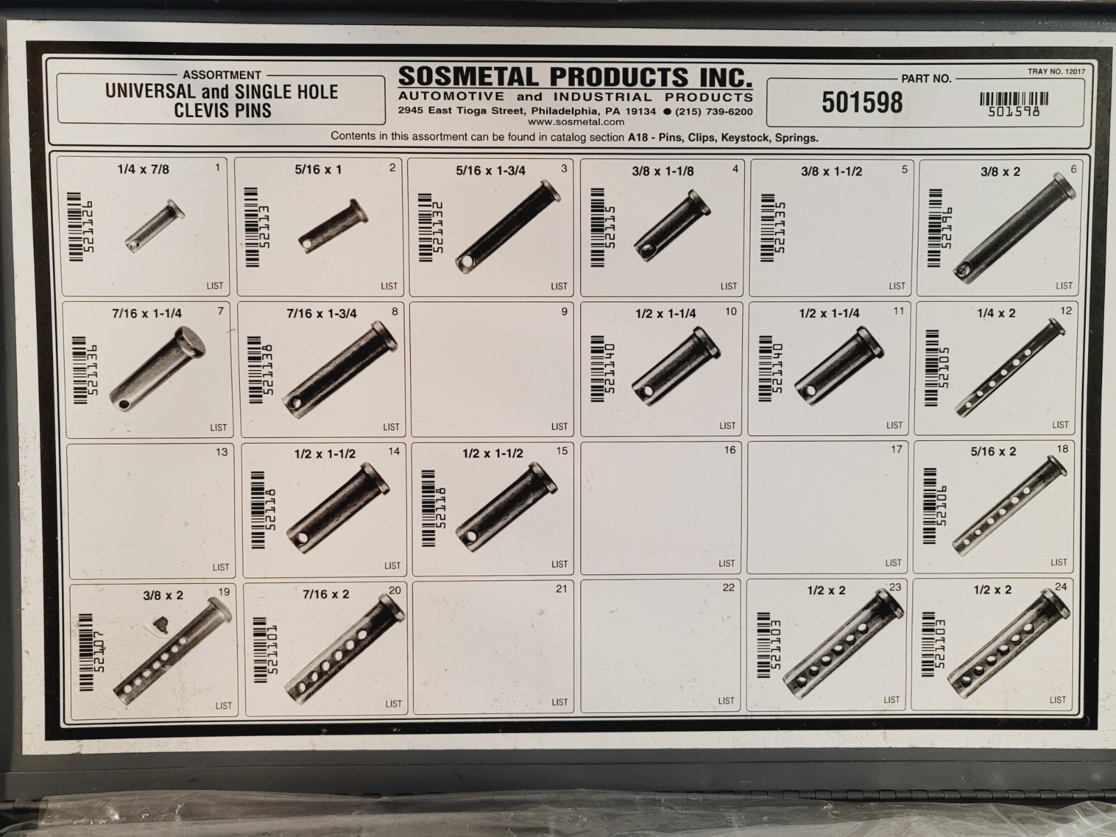 Sosmetal Tray with 501598 Universal Single Hole Clevis Pins Assortment
