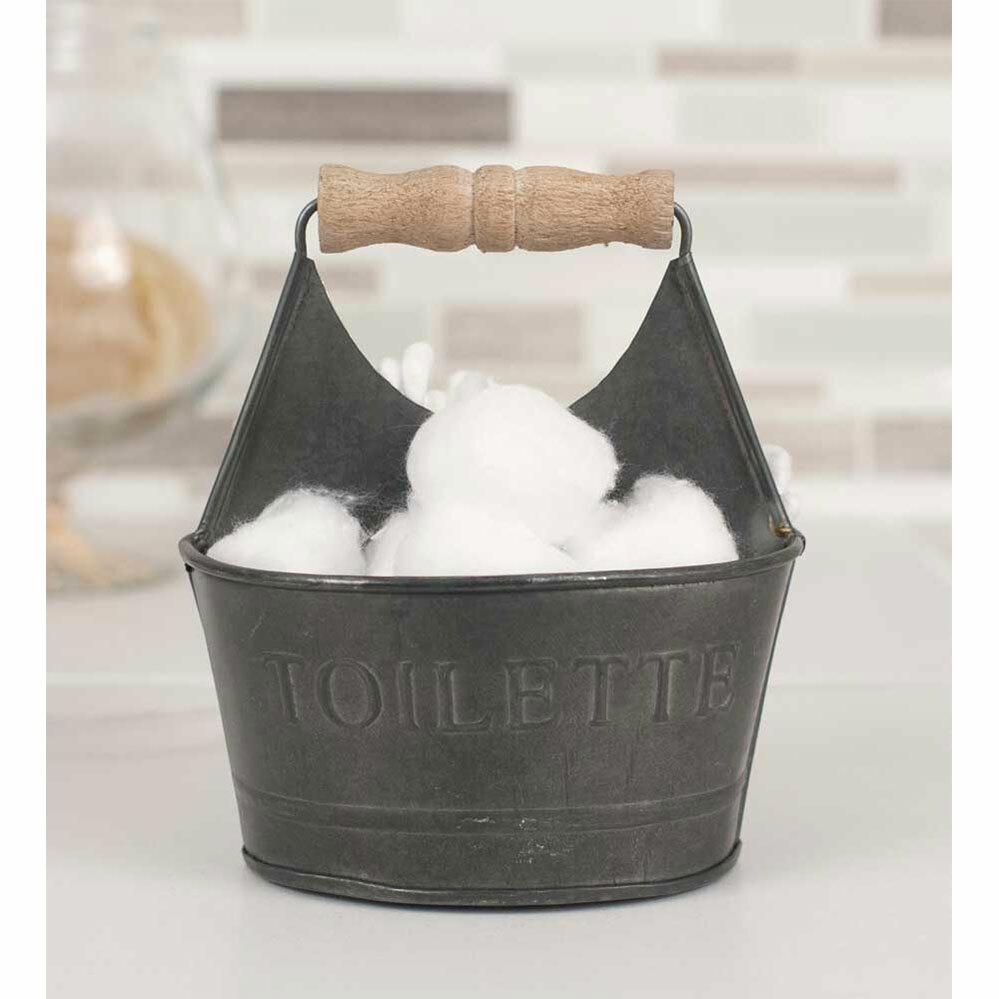 Small Toiletries Caddy 2 Pockets Metal W/ wood handle Embossed Toilette Bathroom