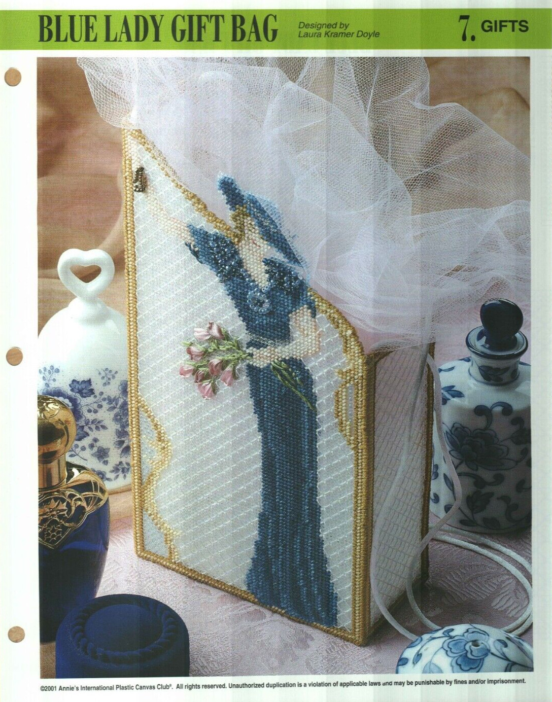 NEW BLUE LADY GIFT BAG ANNIE'S PLASTIC CANVAS PATTERN INSTRUCTIONS HTF