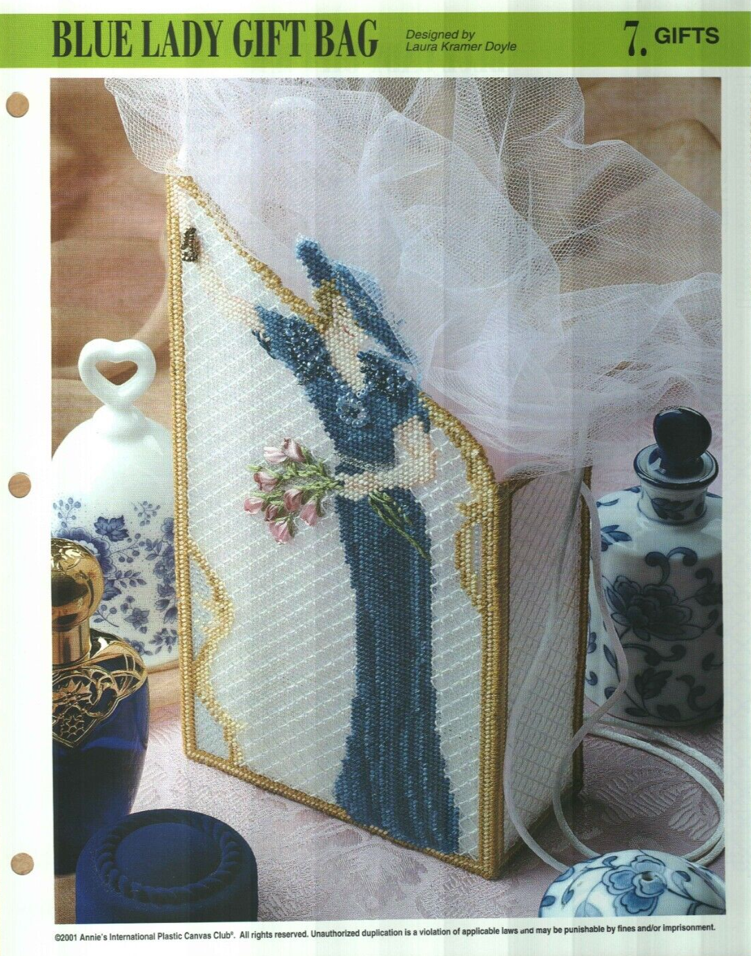 NEW BLUE LADY GIFT BAG ANNIE'S PLASTIC CANVAS PATTERN INSTRUCTIONS HTF