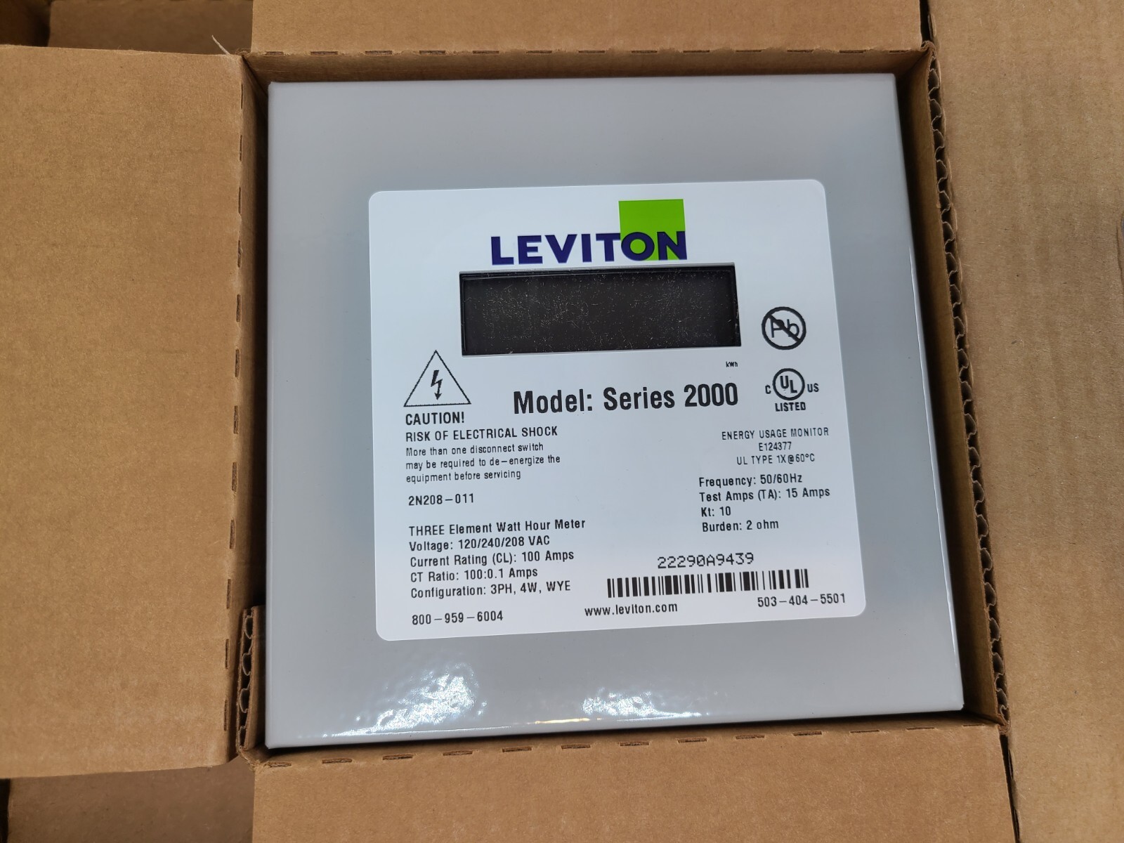 Leviton 2K208-1SW Series 2000 Indoor Usage Meter 3 Solid Core CTs 480V 100A