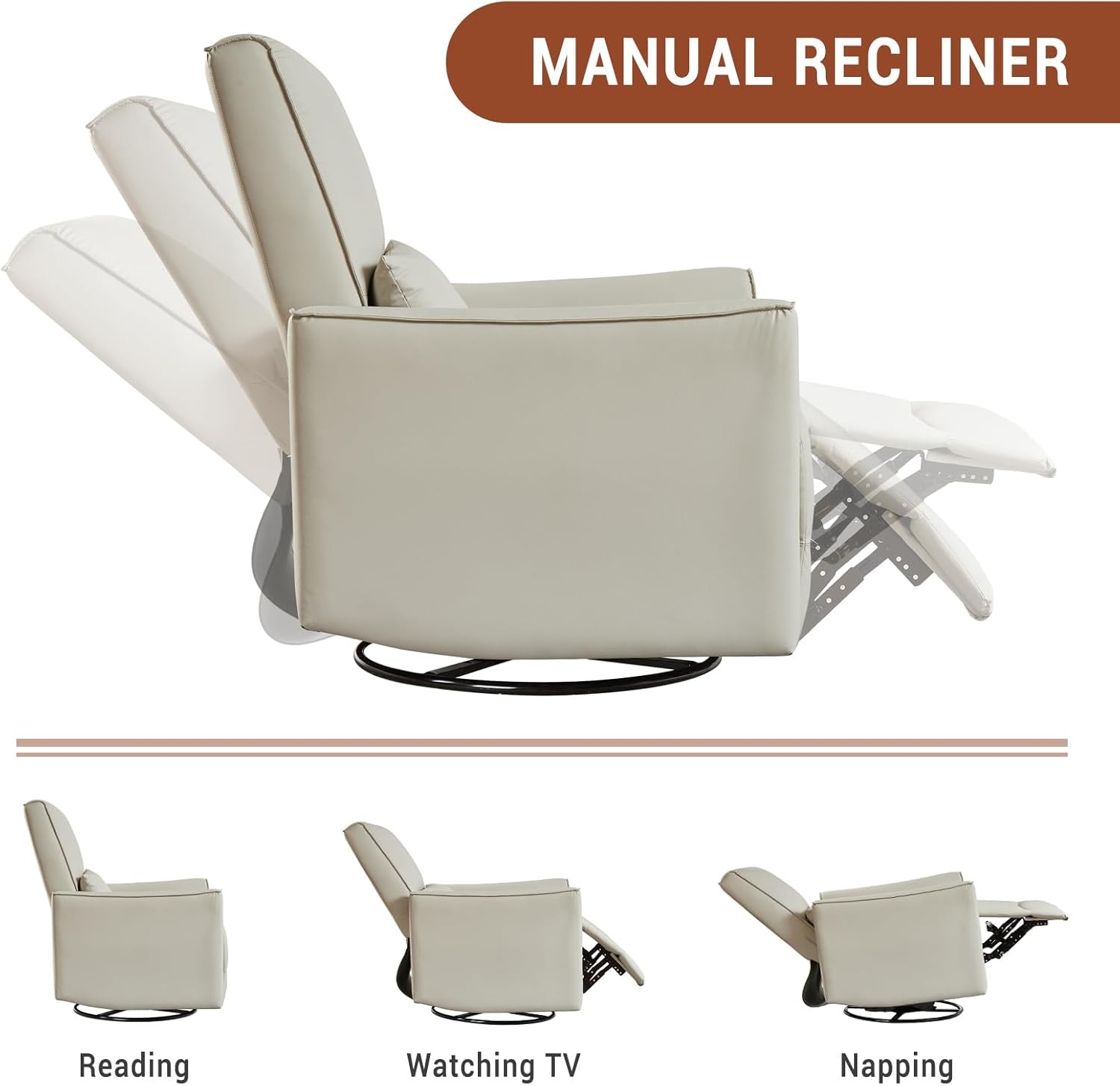 Swivel Rocking Recliner Chair Manual Leather Glider with Lumbar Padded Armrest