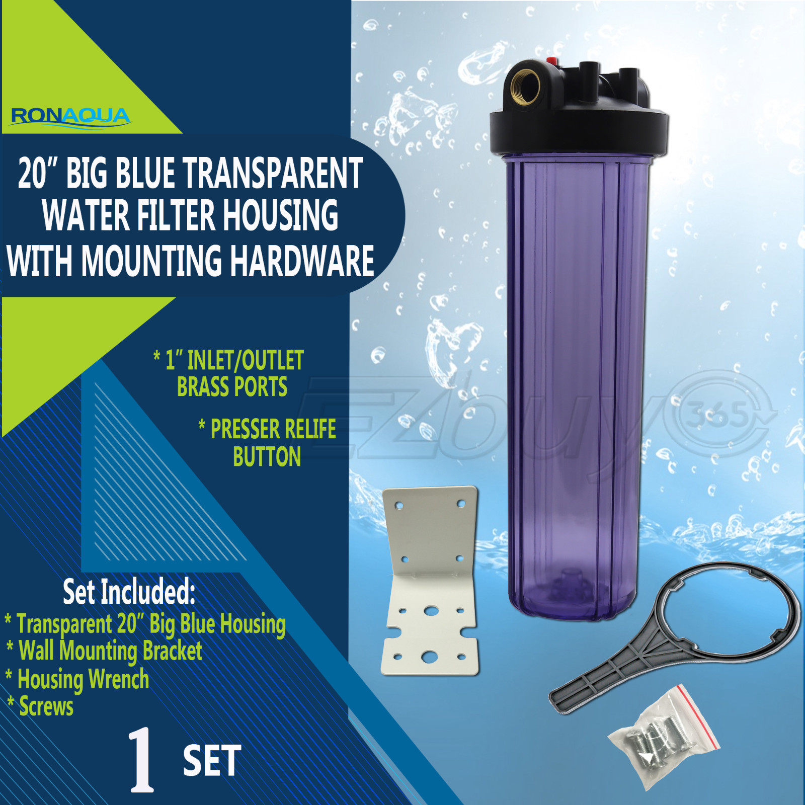 20" Transparent Big Blue Housings for Whole House Water Filtration System.