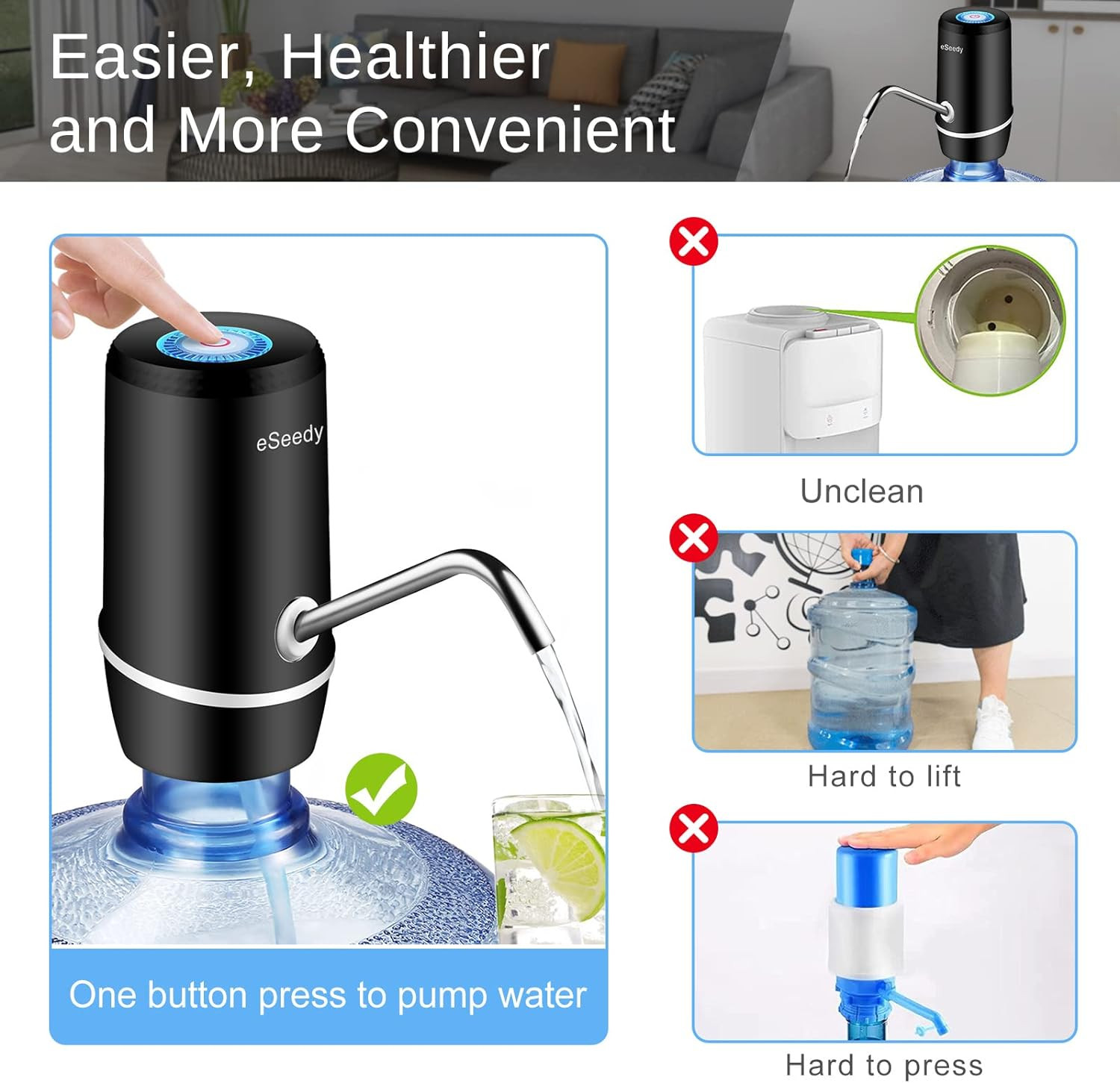 Automatic USB Rechargeable Water Pump for 5 Gallon Bottles - Black