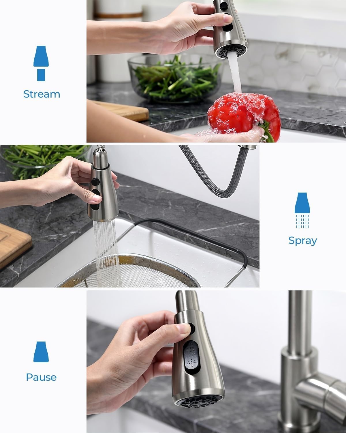 Lead-Free Kitchen Faucet with Pull Down Sprayer & 3 Spray Modes - Brushed Nickel