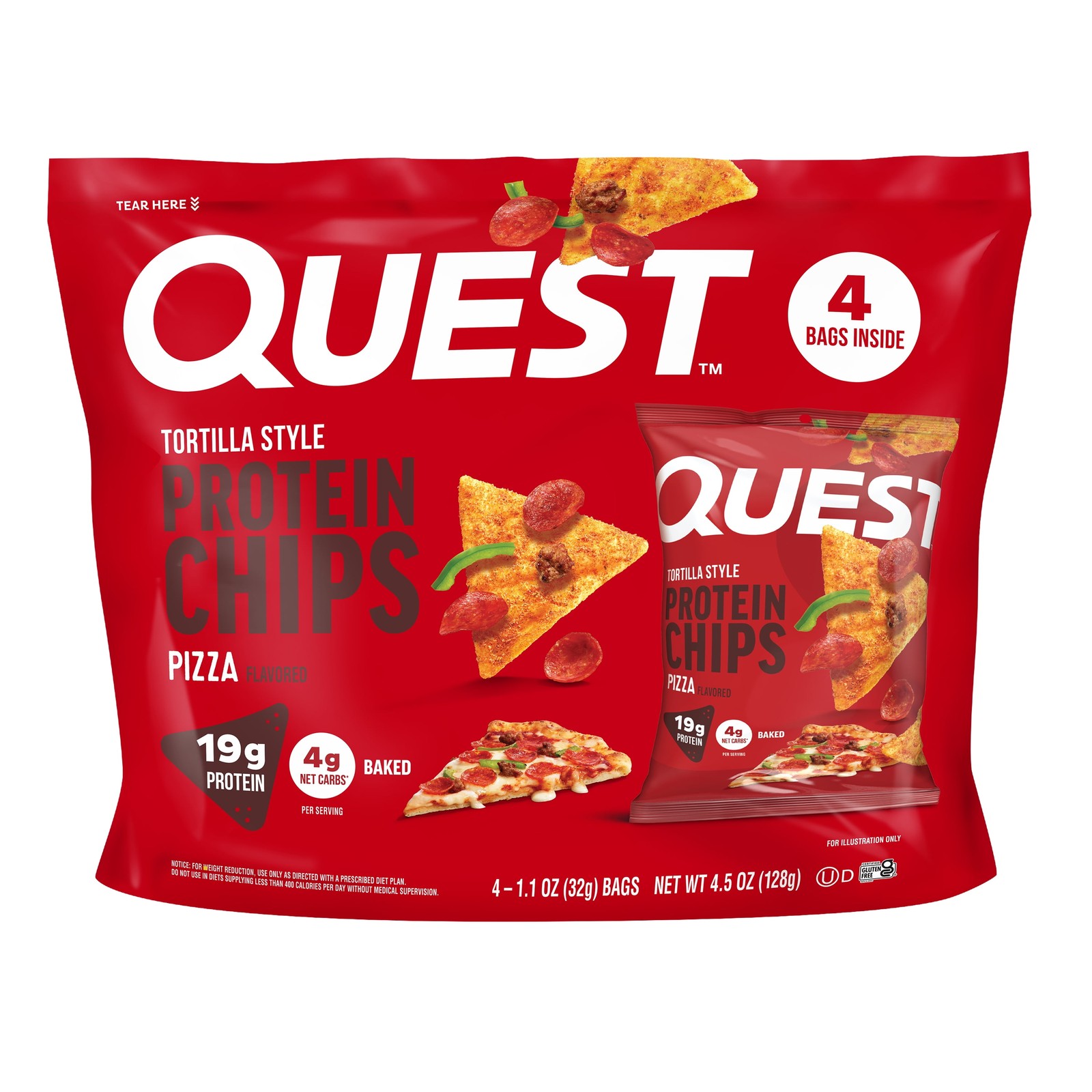 Quest Tortilla Style Protein Chips, 19G Protein, Baked, Pizza Flavor, 1.1Oz Bags