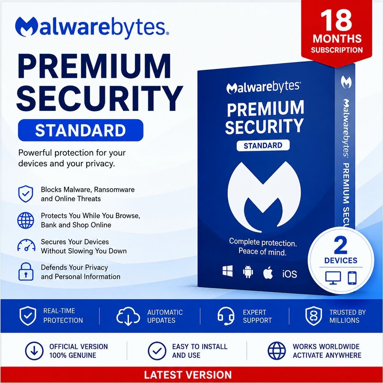 Malwarebytes Premium Security 18 Months 2 Devices Activation Card By post