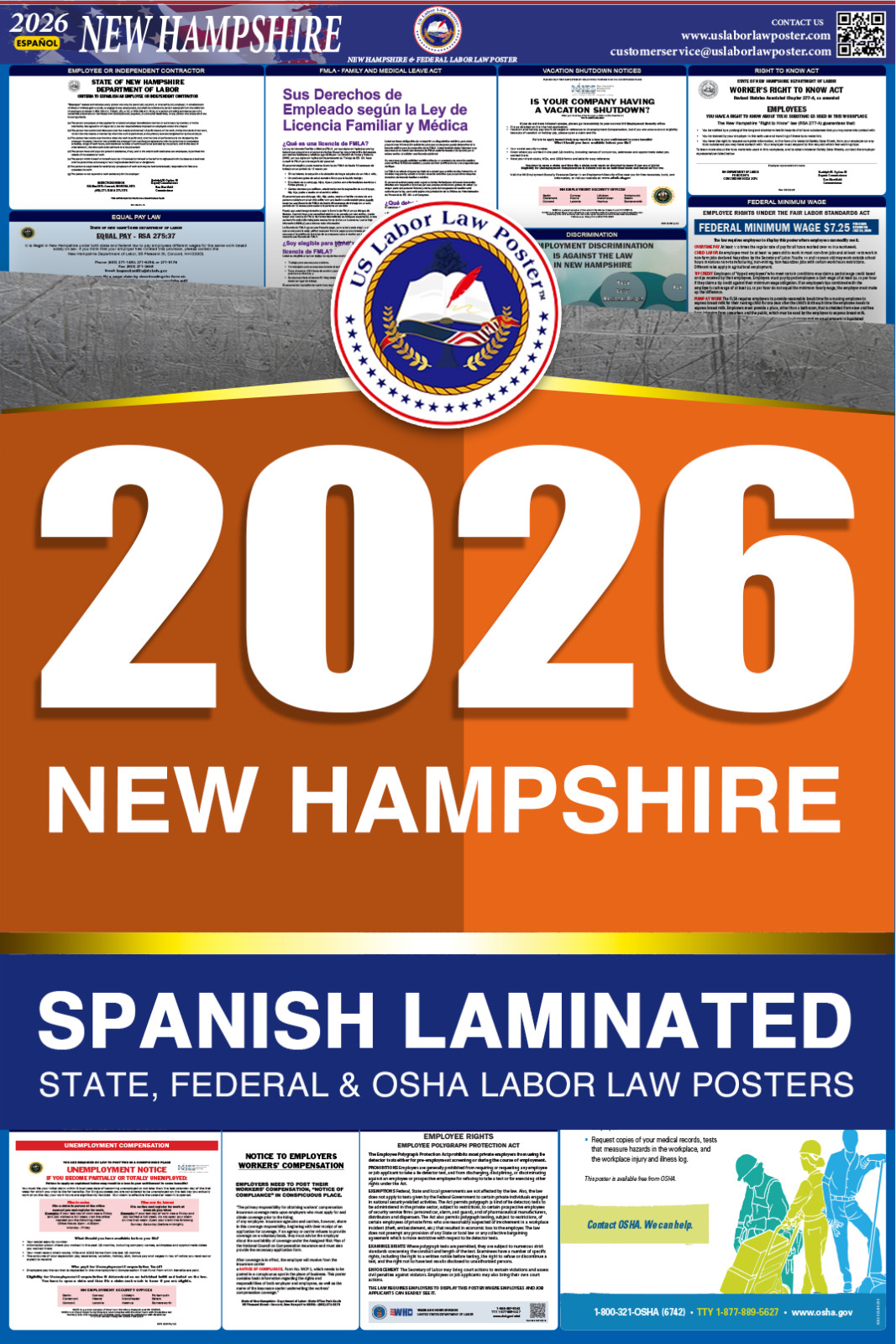 2026 New Hampshire NH LABOR LAW POSTER (Federal & State) Spanish Laminated