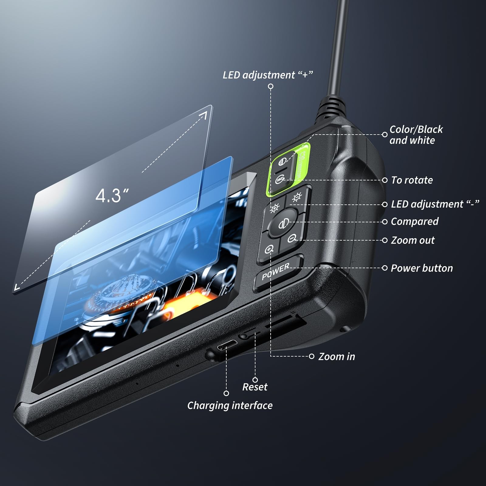 Endoscope Camera with Light, Inspection Borescope Camera with 4.3" IPS Screen