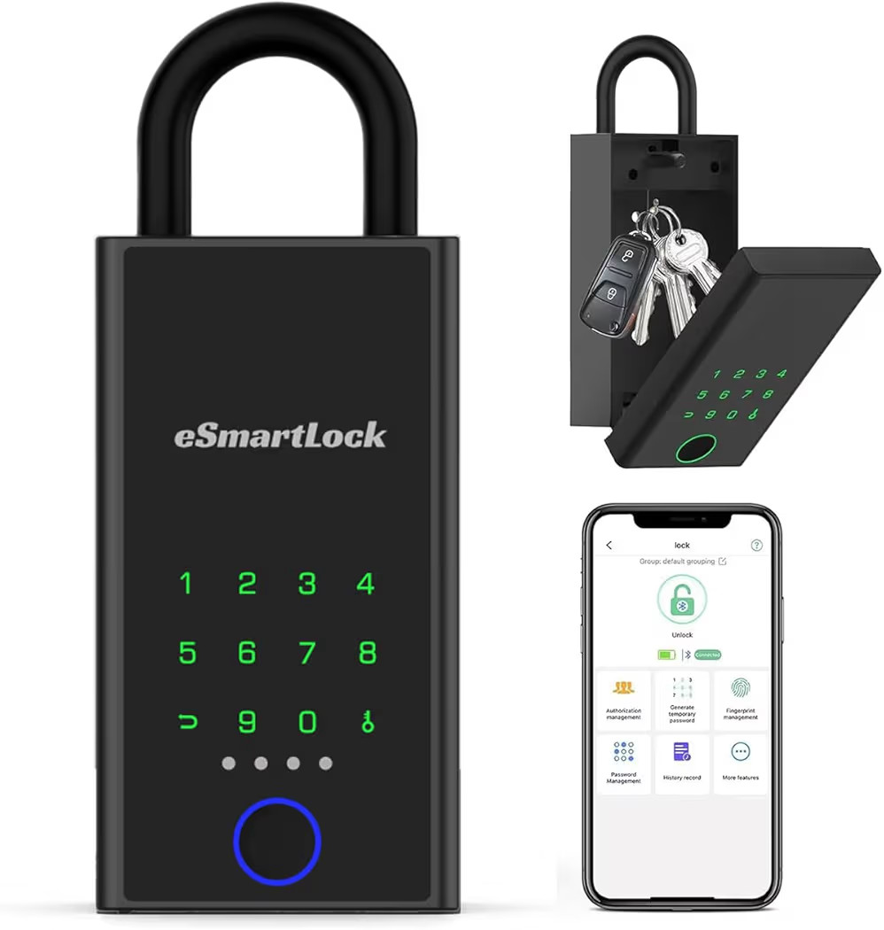 eSmartLock Smart Key Lock Box | Fingerprint + PIN + Bluetooth App | Wall Mount.