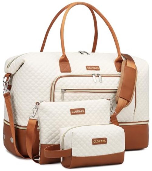 Weekender Bags for Women, Travel Tote Duffle Bag Carry On Medium Beige Brown-2