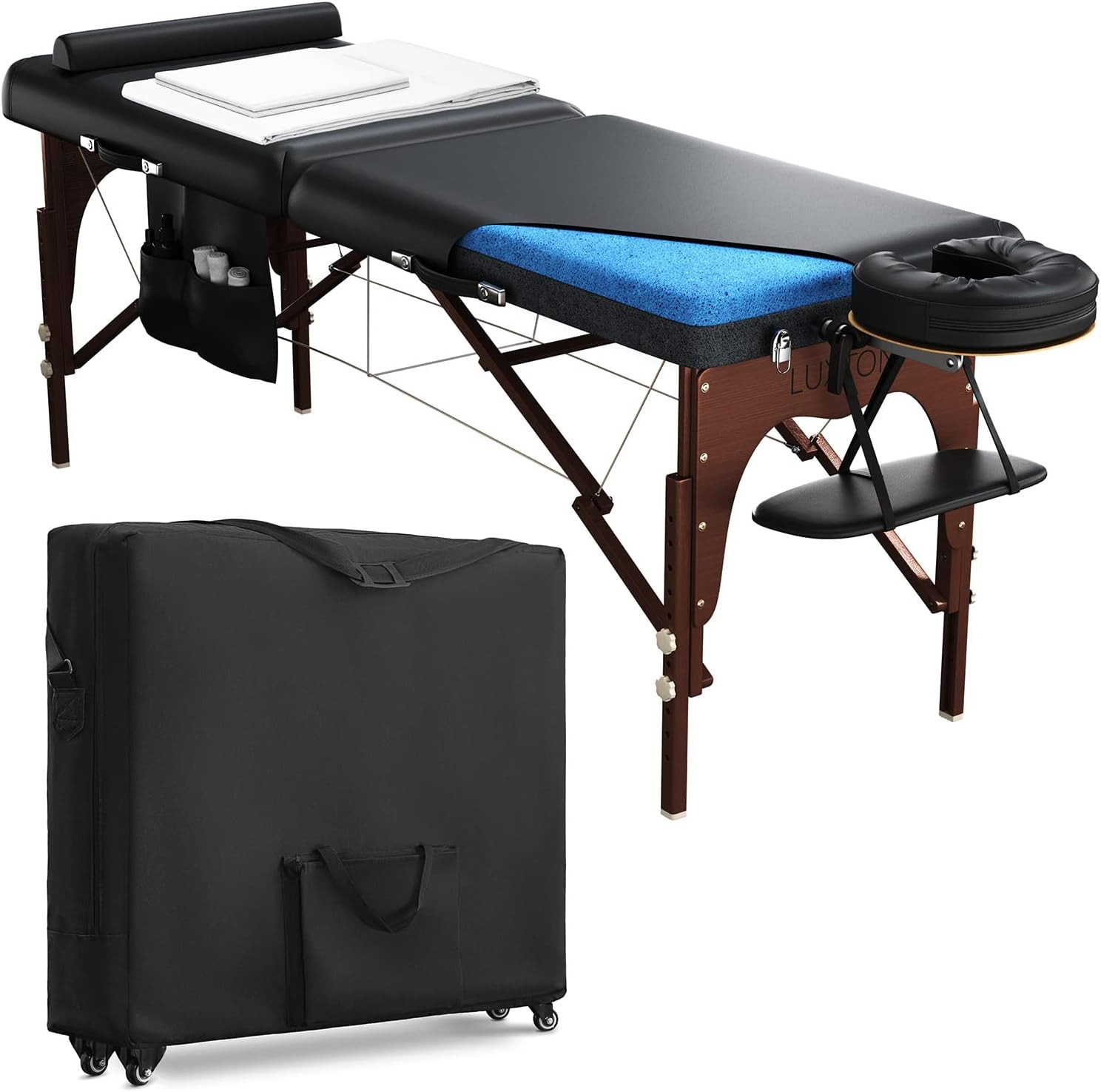 Premium Memory Foam Massage Table - Rolling Travel Case, Washable Sheets, Thicke