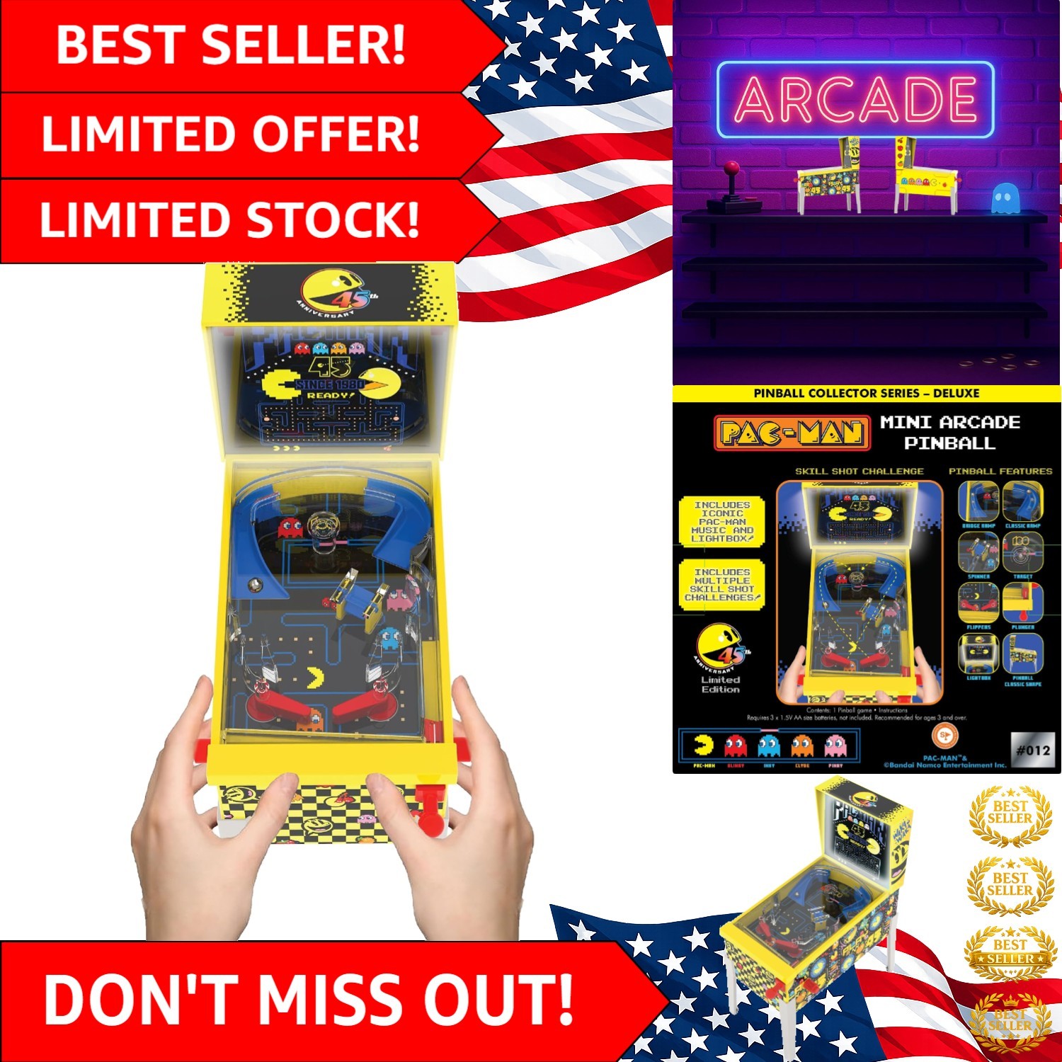 Pac-Man Mini Arcade Pinball: 45th Anniversary Collector's Edition with Lights...