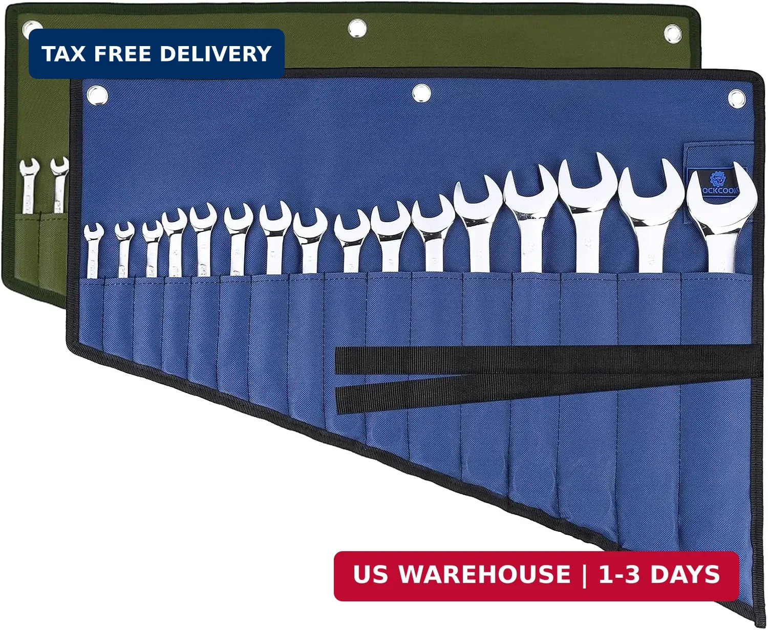 2 Pack 16 Pocket Wrench Roll Organizer, Blue & Green - Waterproof Oxford Cloth H