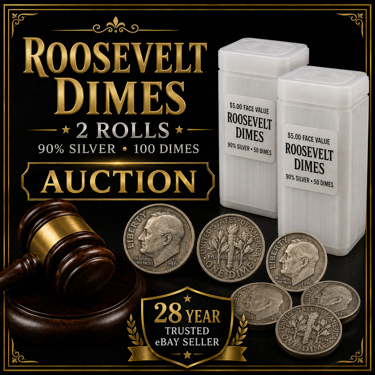 Roosevelt Dimes $10 Face 90% Silver Two Rolls U.S. Pre-1965 Coins 🔥 w/Holders